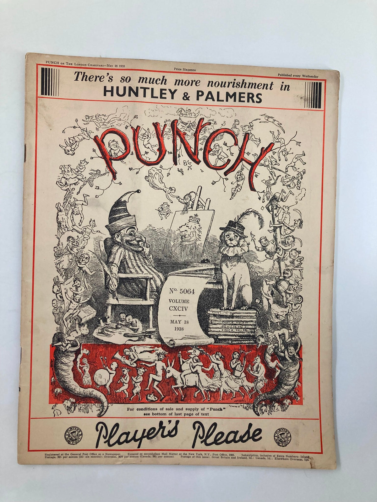Cover of VTG Punch Magazine May 18 1938, No. 5064, Volume 194, featuring humorous illustrations and cartoons related to World War II.