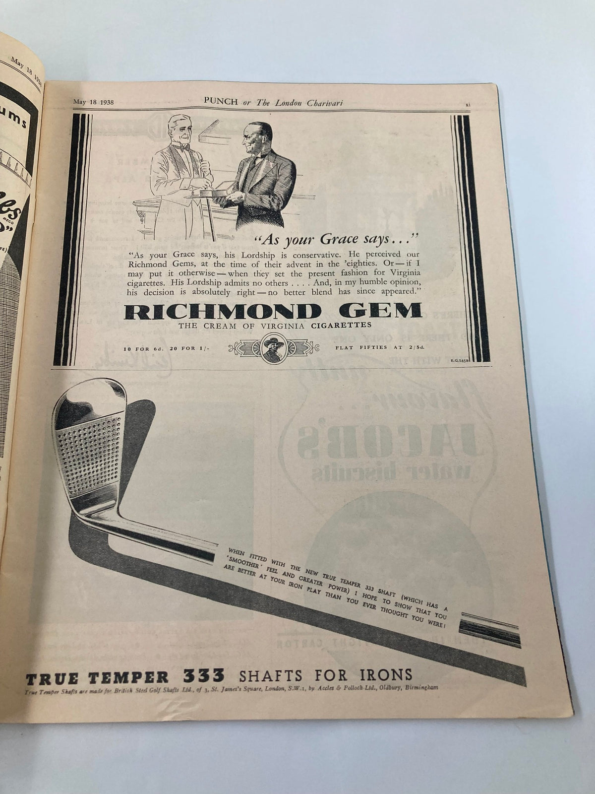 Inside page of VTG Punch Magazine May 18 1938, showcasing vintage advertisements including Richmond Gem cigarettes and True Temper golf shafts.