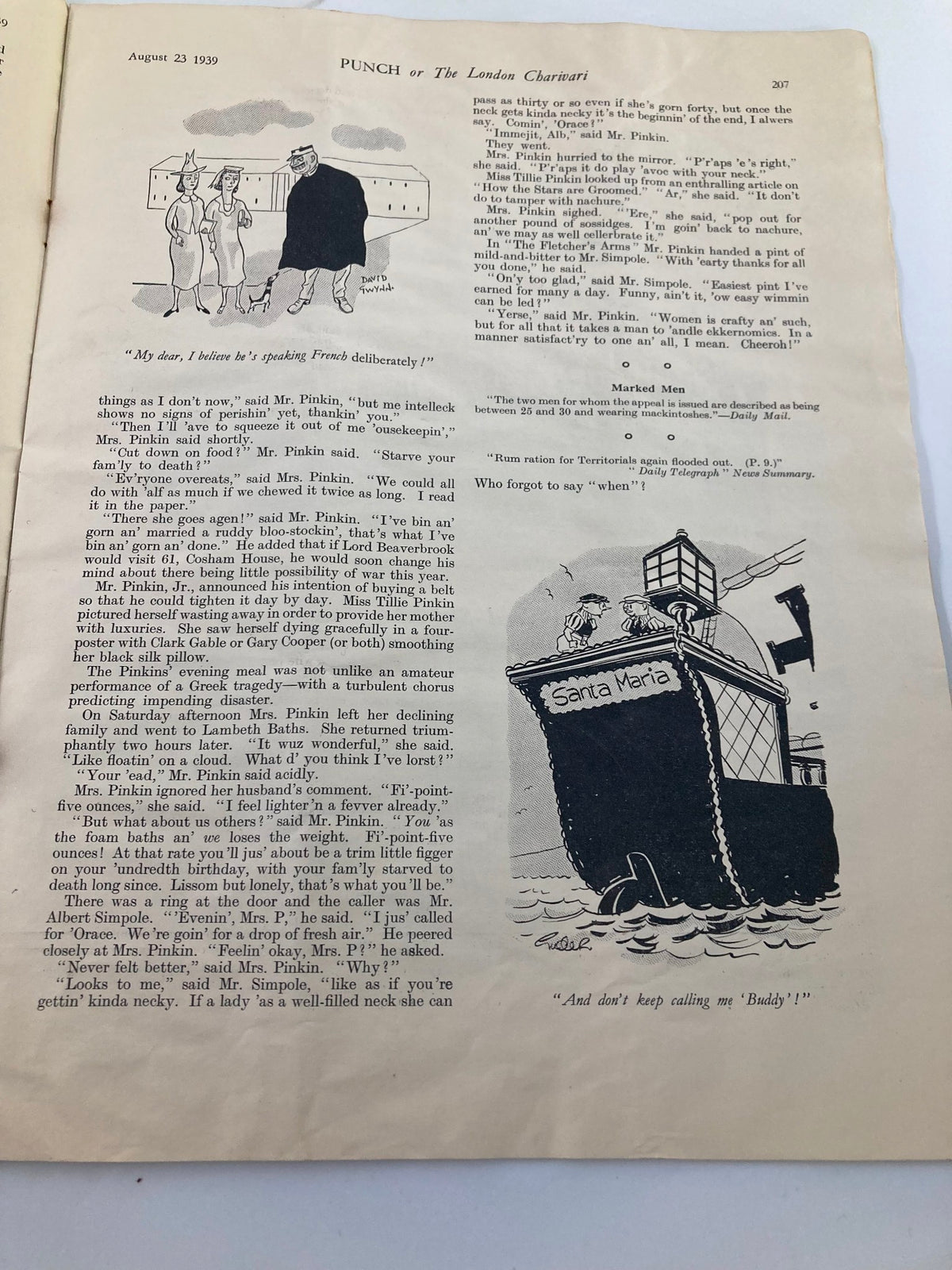 Inside page of VTG Punch Magazine August 23 1939 displaying humorous illustrations and a dialogue between characters, indicative of the magazine's style.