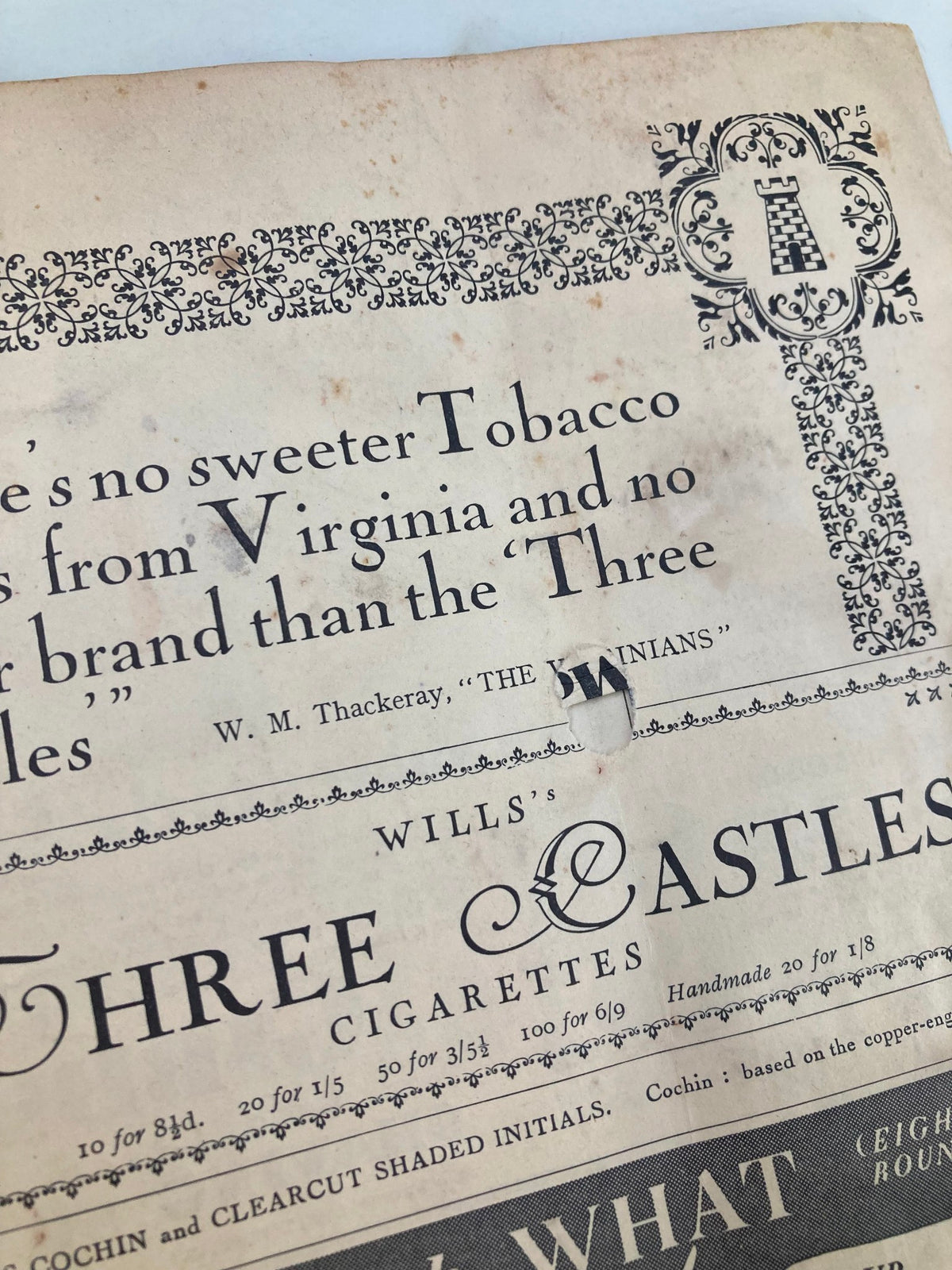 Advertisement page from VTG Punch Magazine August 23 1939 featuring a vintage tobacco advertisement for Wills's Three Castles cigarettes.