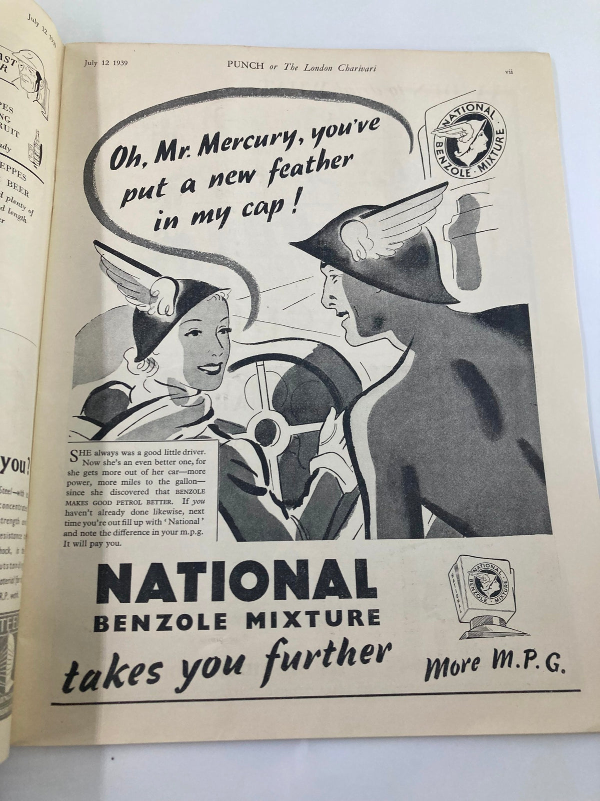 Inside page of VTG Punch Magazine July 12 1939 #5127 featuring an advertisement for National Benzole Mixture, depicting a humorous conversation between two characters.