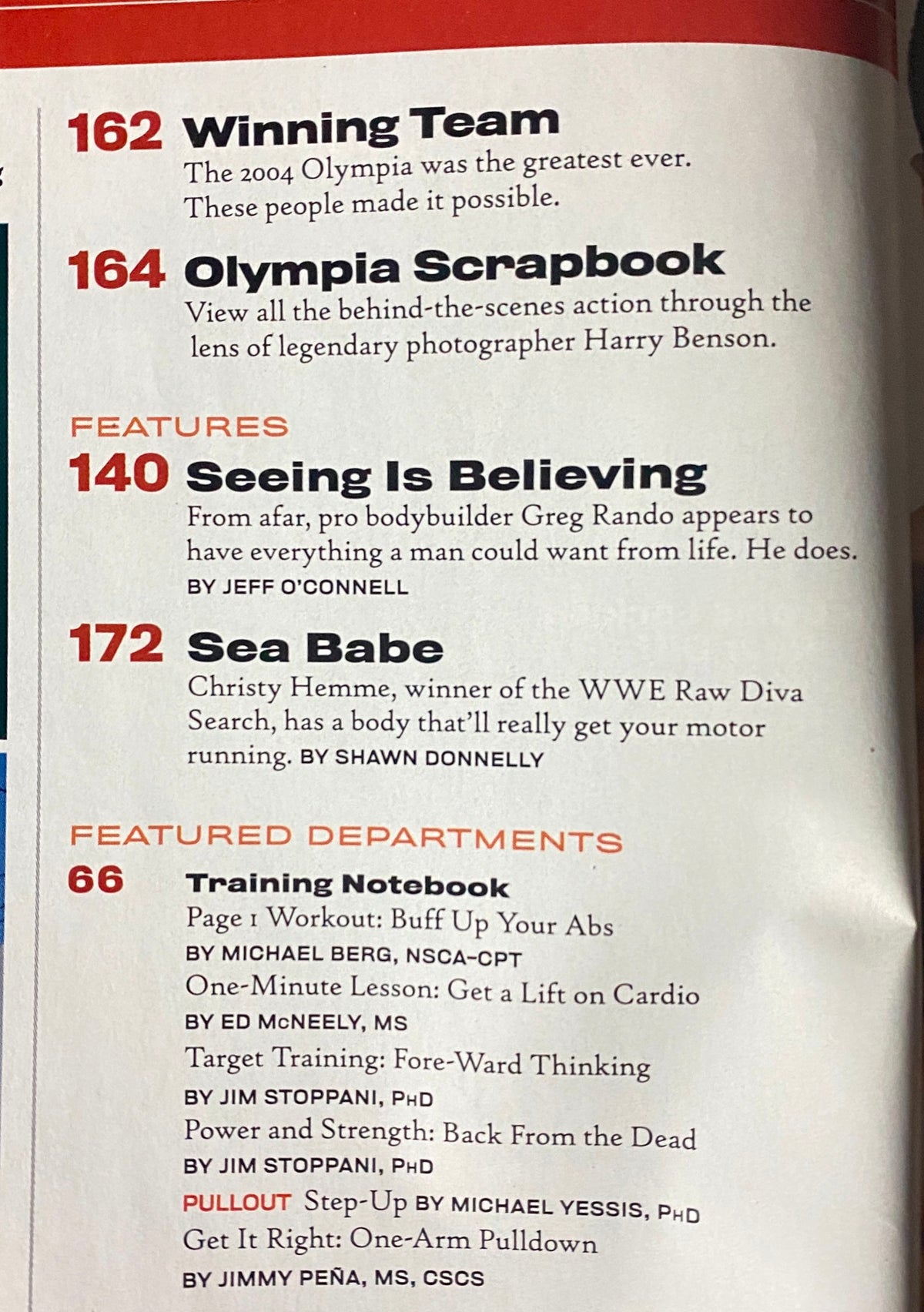 Inside page of Muscle & Fitness Magazine February 2005, Vol 66, Num 2 displaying features including 'Winning Team' about 2004 Olympia, 'Olympia Scrapbook' with photography by Harry Benson, and the 'Sea Babe' article.