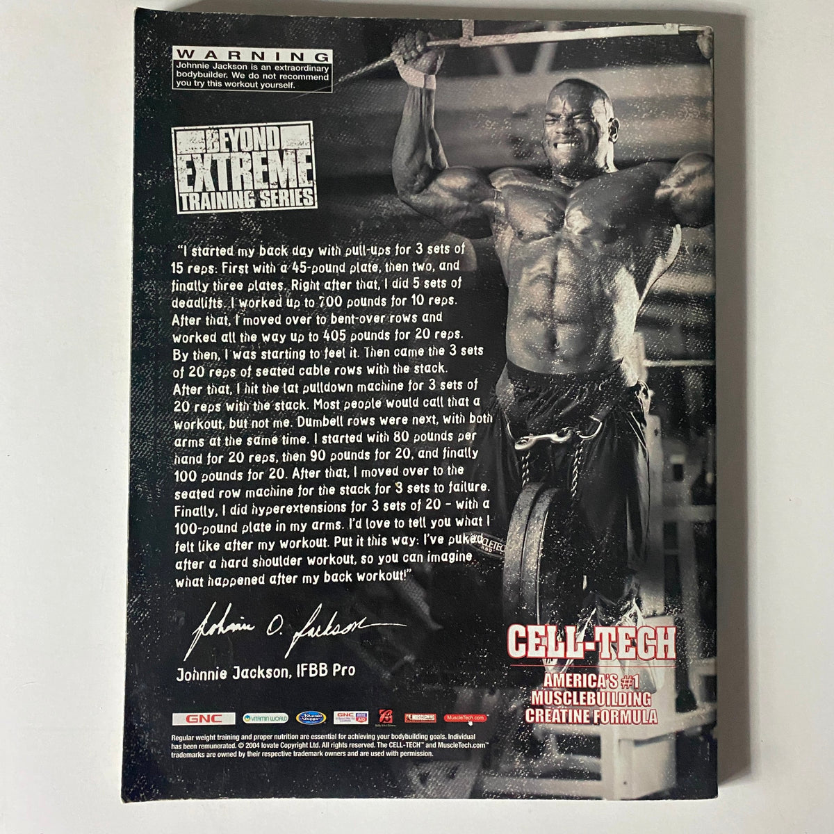 Back cover of Muscle & Fitness Magazine February 2005, Vol 66, Num 2 showcasing a fitness advertisement for Cell-Tech by Johnnie Jackson, an IFBB Pro, along with a motivational quote about training.
