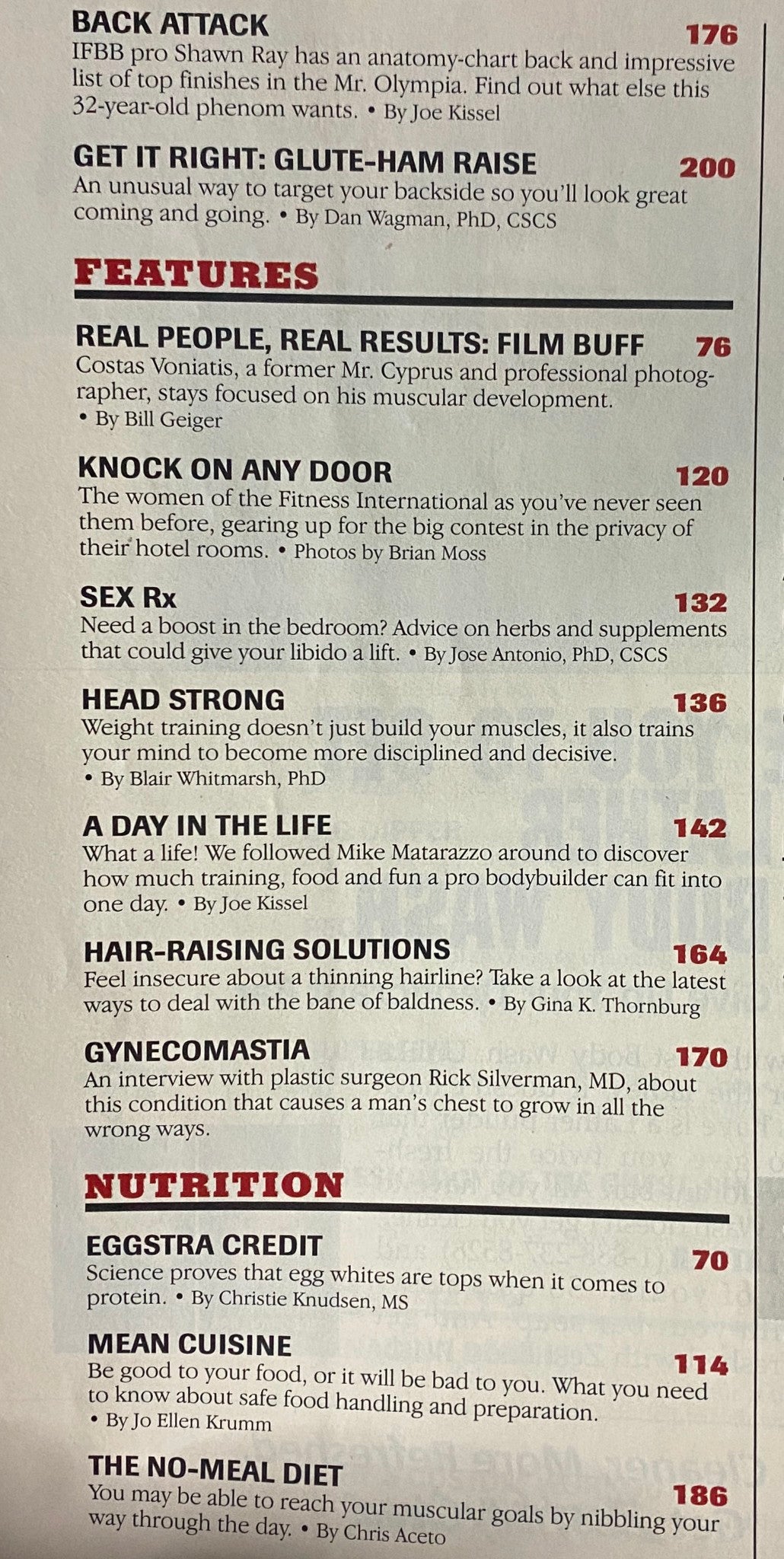 Interior page of Muscle & Fitness Magazine August 1998, listing features and articles related to bodybuilding and health.