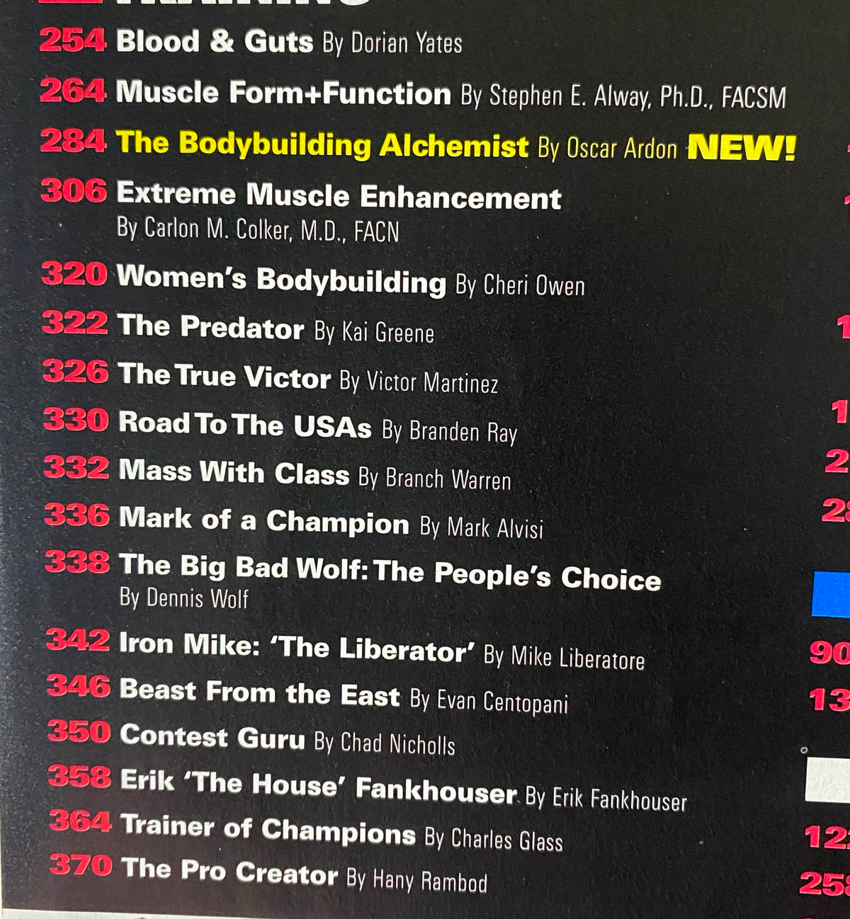 Table of contents from the October 2009 issue of Muscular Development Magazine featuring Victor Martinez, highlighting articles on bodybuilding, workout tips, and athlete interviews.