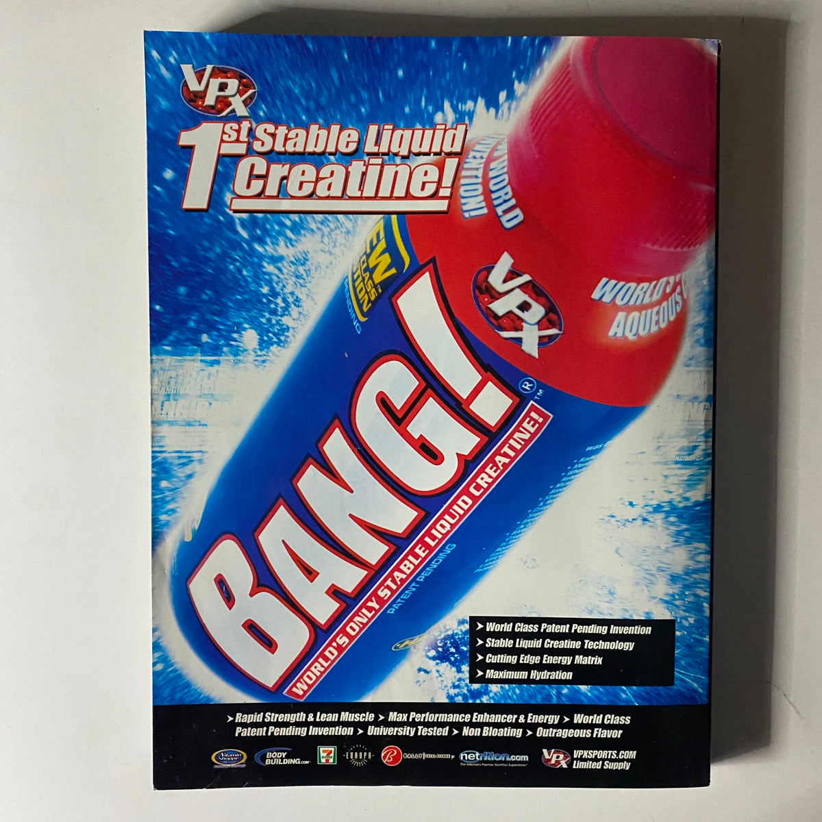 Back cover of Muscular Development Magazine January 2009 featuring advertisement for 'Bang!', the first stable liquid creatine with performance enhancement claims.