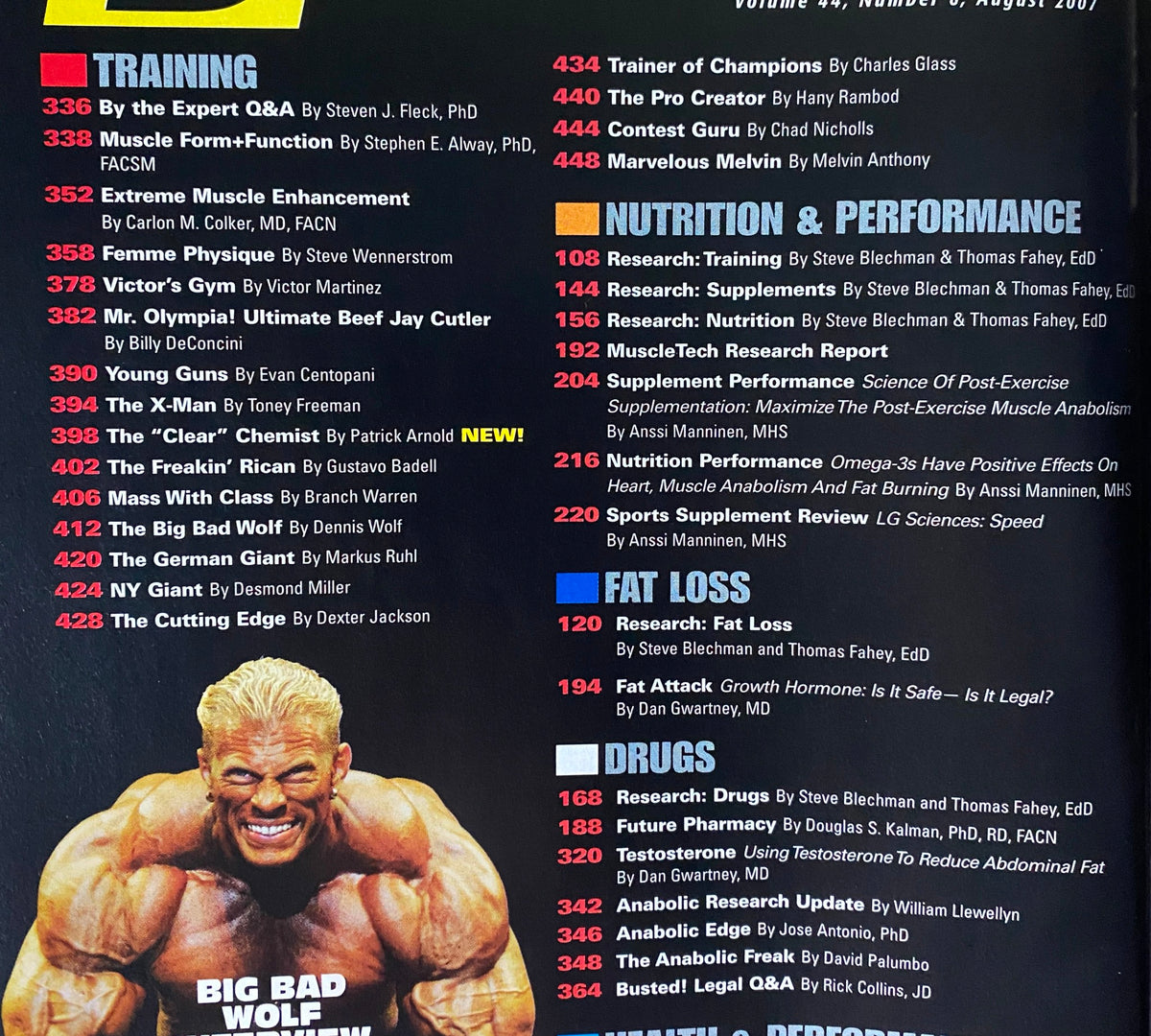 Inside page of Muscular Development Magazine August 2007 showcasing article titles on training, nutrition, performance, and drugs in bodybuilding.