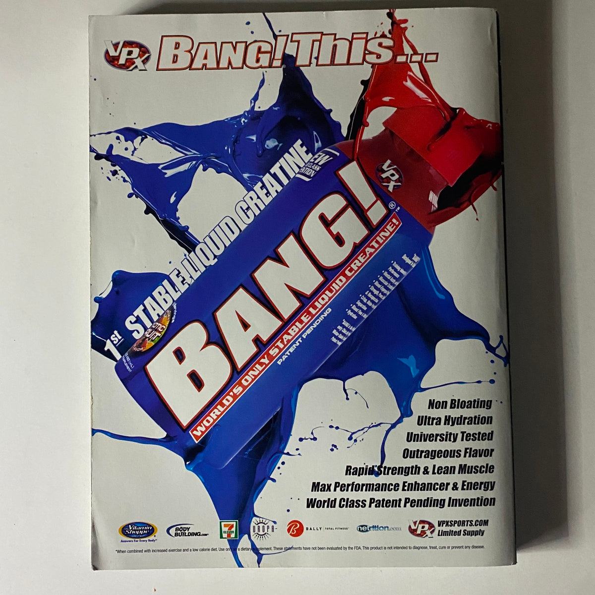 Promotional image for BANG! Liquid Creatine featured in Muscular Development Magazine March 2009, showcasing sports nutrition products.