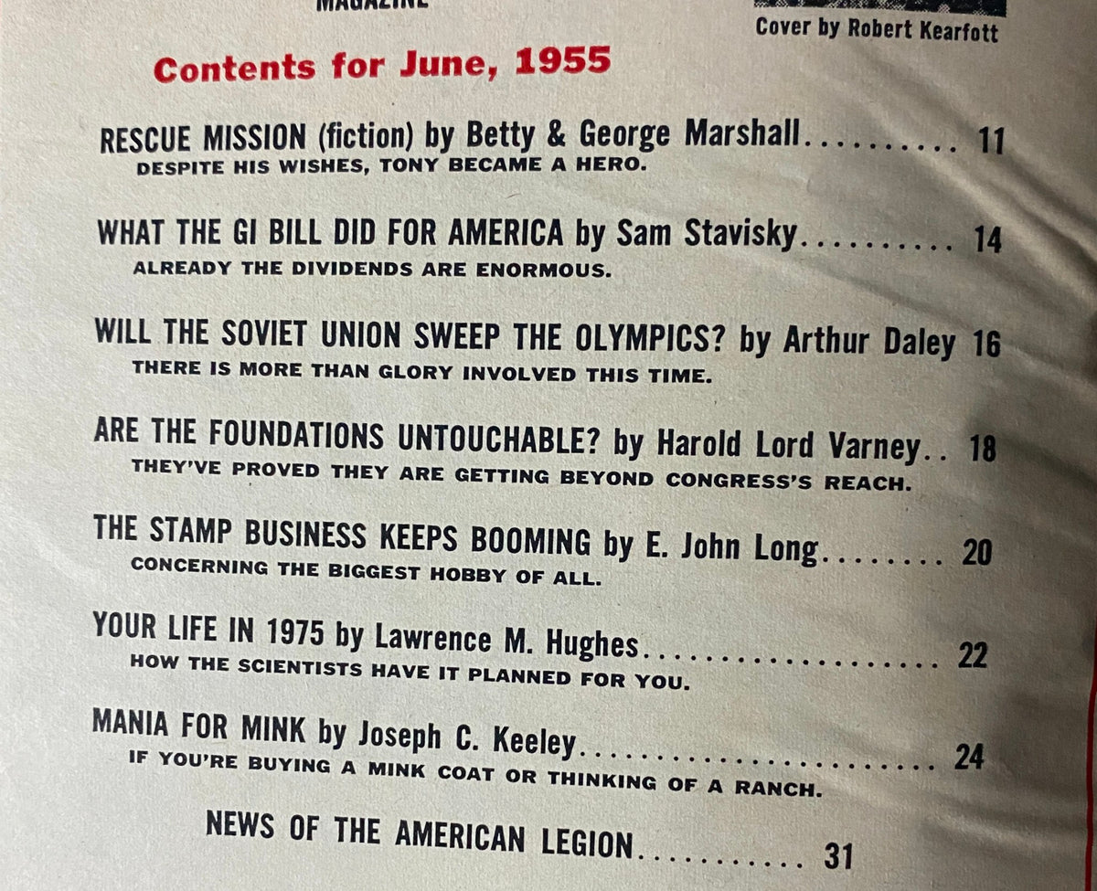 Contents page of The American Legion Magazine, June 1955 issue titled 'The American Legion Magazine June 1955 Circus Day, U.S.A. Cover' featuring article titles and authors.