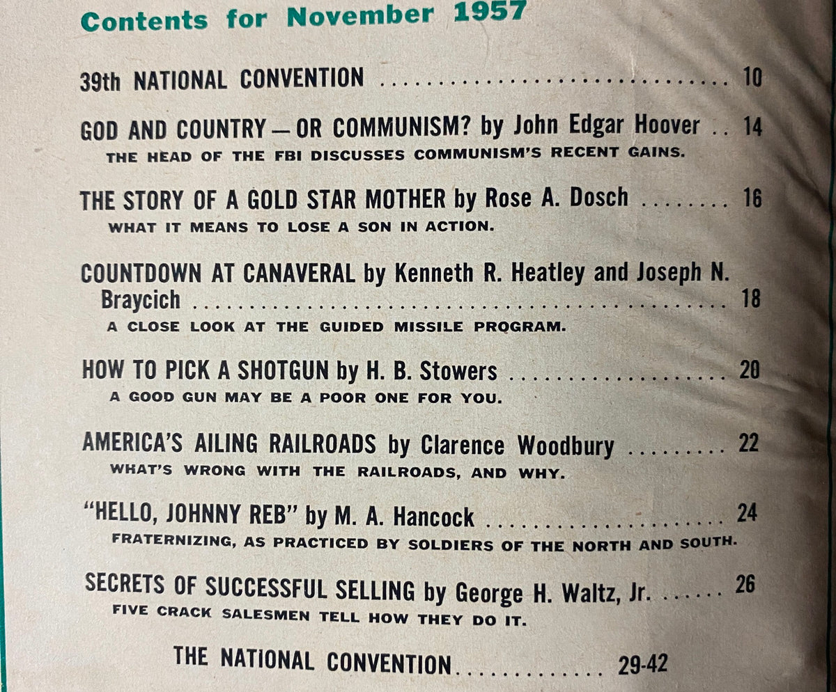 Contents page of The American Legion Magazine November 1957 listing articles including 'God and Country - or Communism?' and 'The Story of a Gold Star Mother', showcasing significant historical insights.