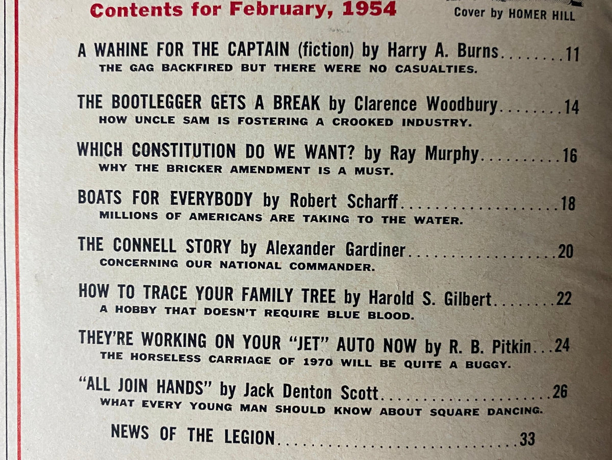 Contents page of The American Legion Magazine February 1954, featuring articles including 'A Wahine for the Captain' and 'The Bootlegger Gets a Break', showcasing the historical significance and themes of the mid-20th century.