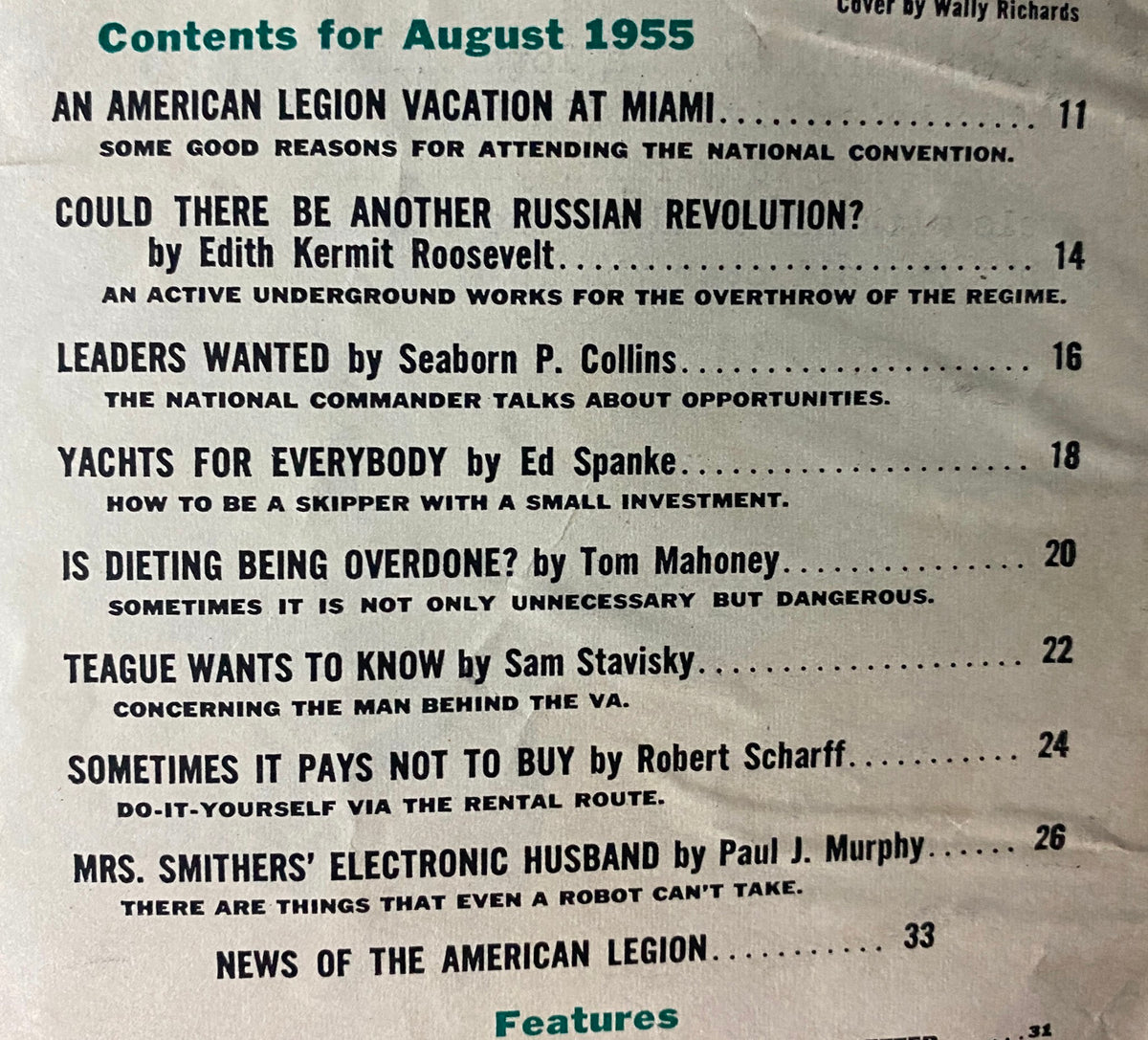 Table of contents page from The American Legion Magazine August 1955, outlining articles including topics on a potential Russian revolution, yachting, and dieting.