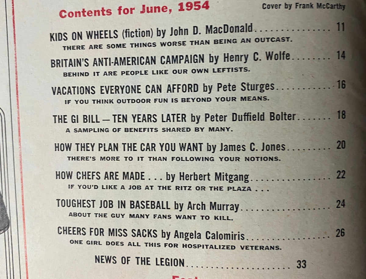 Table of contents for The American Legion Magazine, June 1954, listing key articles including 'Britain's Anti-American Campaign' and 'The GI Bill - Ten Years Later', reflecting mid-20th century American culture.