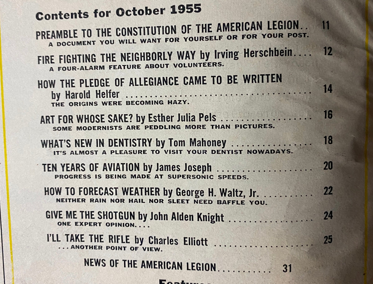 Contents page of The American Legion Magazine October 1955, listing articles such as 'Preamble to the Constitution of the American Legion' and 'Ten Years of Aviation,' reflecting mid-20th century American themes.
