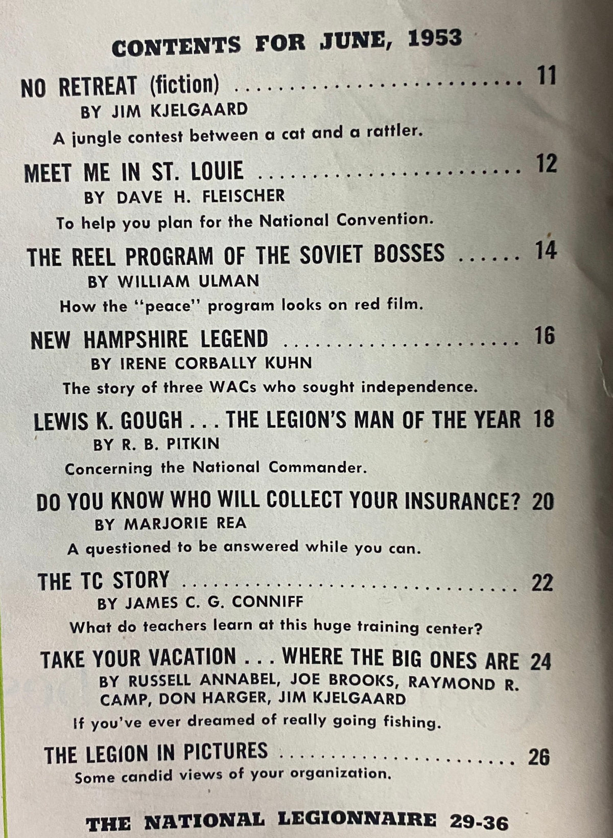 Contents page of The American Legion Magazine June 1953, listing articles and features including 'No Retreat', 'Meet Me in St. Louie', and 'The TC Story'.