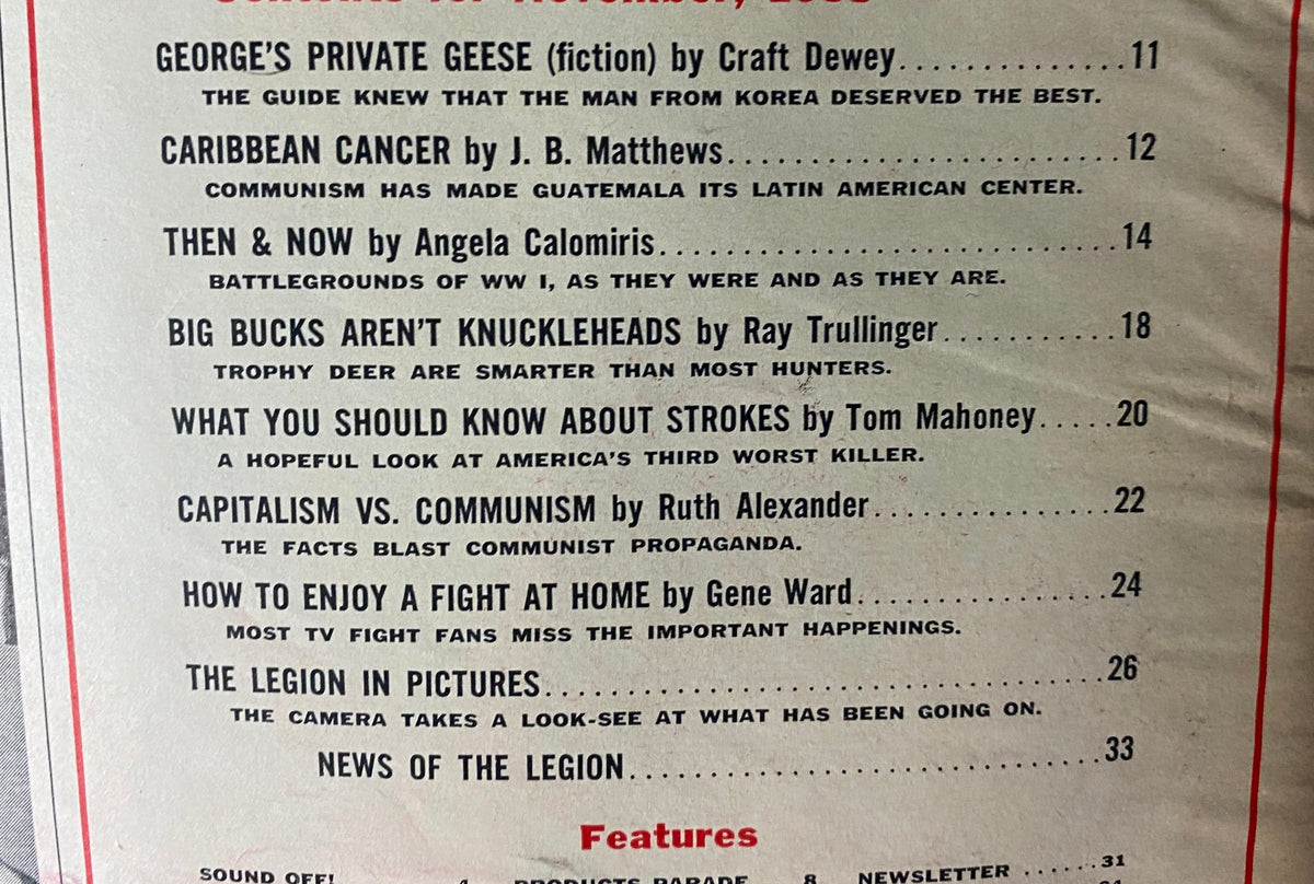 Table of contents from The American Legion Magazine November 1953, featuring articles on World War I, communism, health, and hunting strategies. This vintage magazine reflects postwar America and presents a diverse range of topics relevant to its time.
