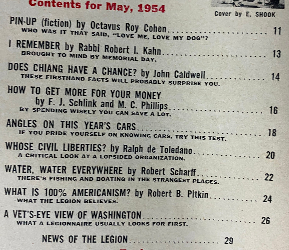 Table of contents for The American Legion Magazine May 1954 listing featured articles including Memorial Day reflections and civil liberties discussion.