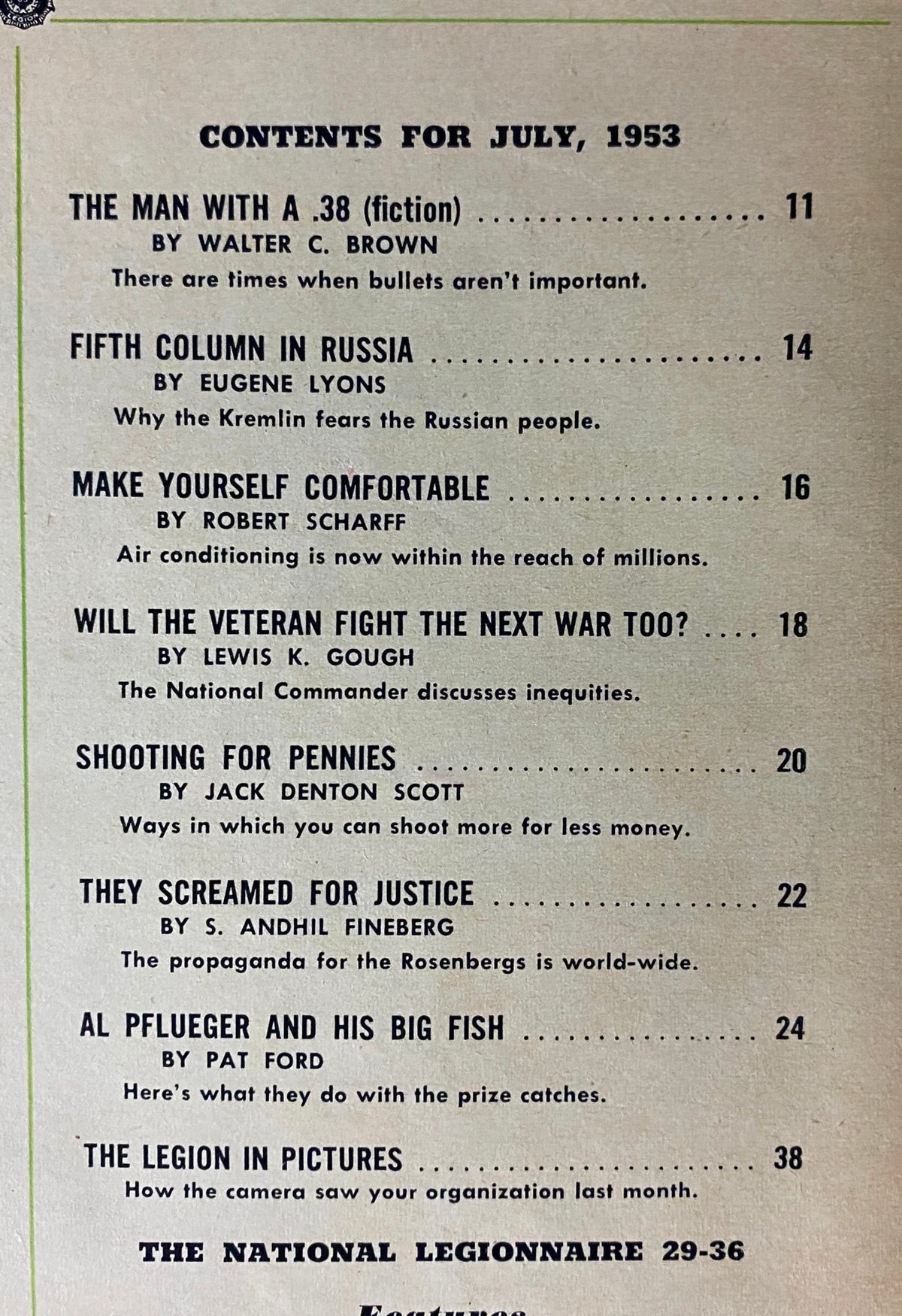 Table of contents page from The American Legion Magazine July 1953, listing articles including 'Fifth Column in Russia' by Eugene Lyons and other noteworthy features.