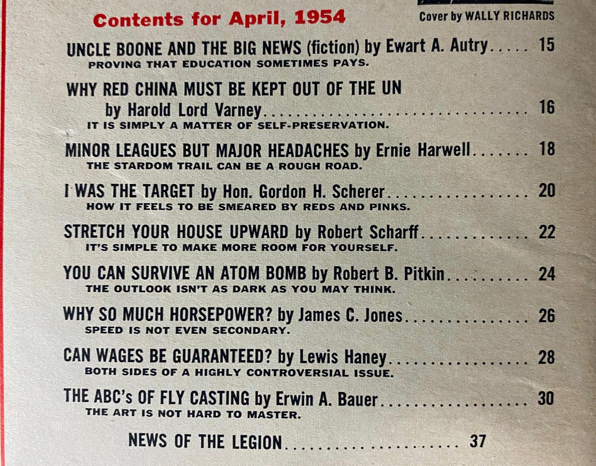 Contents page of The American Legion Magazine, April 1954, detailing articles including 'Why Red China Must Be Kept Out of the UN' and other features relevant to the political and cultural issues of the time.