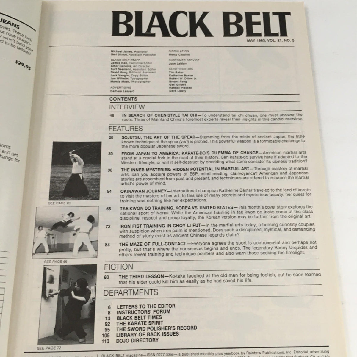 Interior page of Black Belt Magazine May 1983, showcasing the contents including features on Sojutsu and training in martial arts.