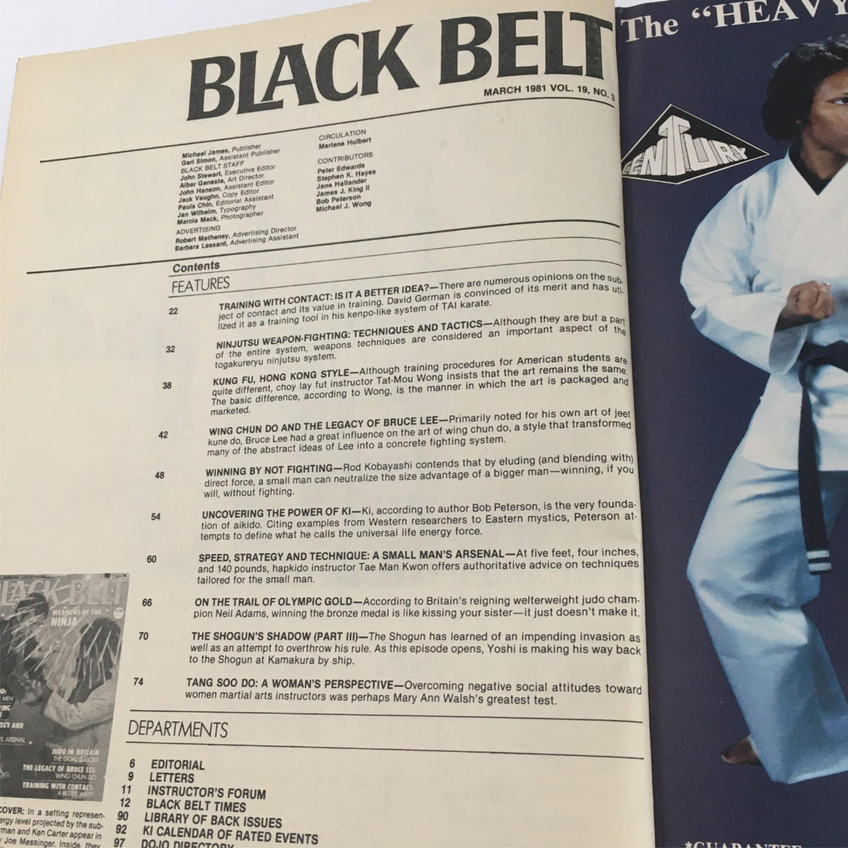 Contents page of Black Belt Magazine March 1981 detailing featured articles on martial arts techniques and themes including ninjutsu and the legacy of Bruce Lee.
