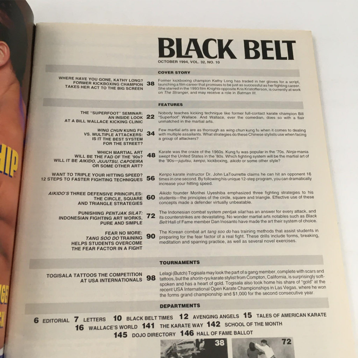 Interior page of Black Belt Magazine October 1994 showing the table of contents, highlighting articles on Wing Chun kung fu, Aikido, and a feature on Kathy Long's transition from kickboxing to acting.