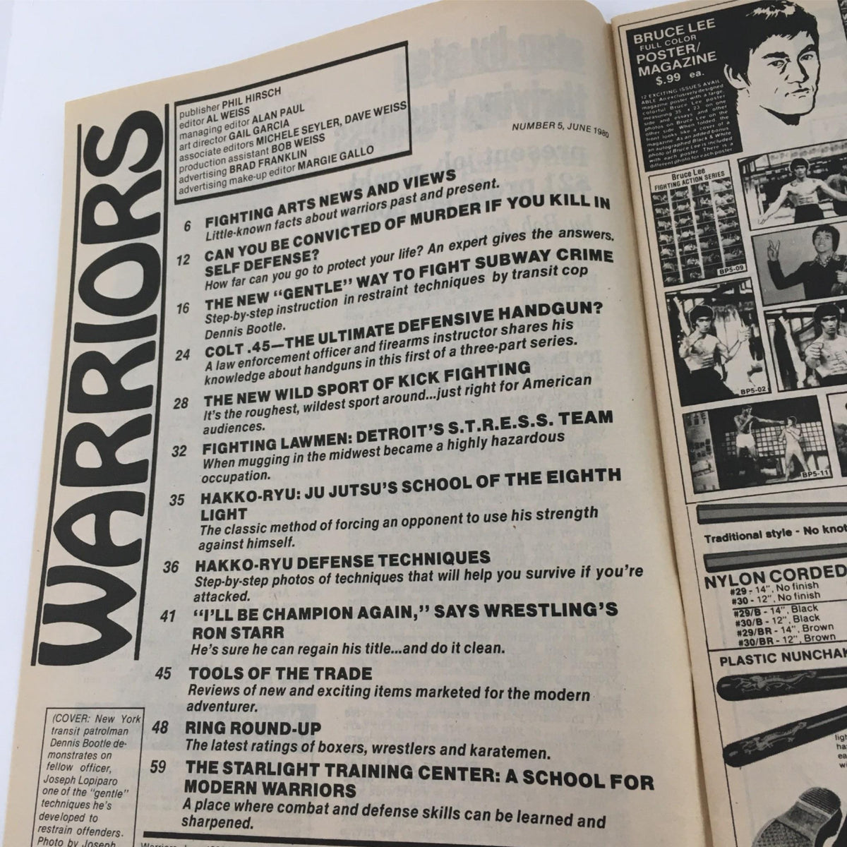 Table of contents for Warriors Magazine Number 5, June 1980. Lists articles on fighting techniques, self-defense, and insights from various authors about martial arts.