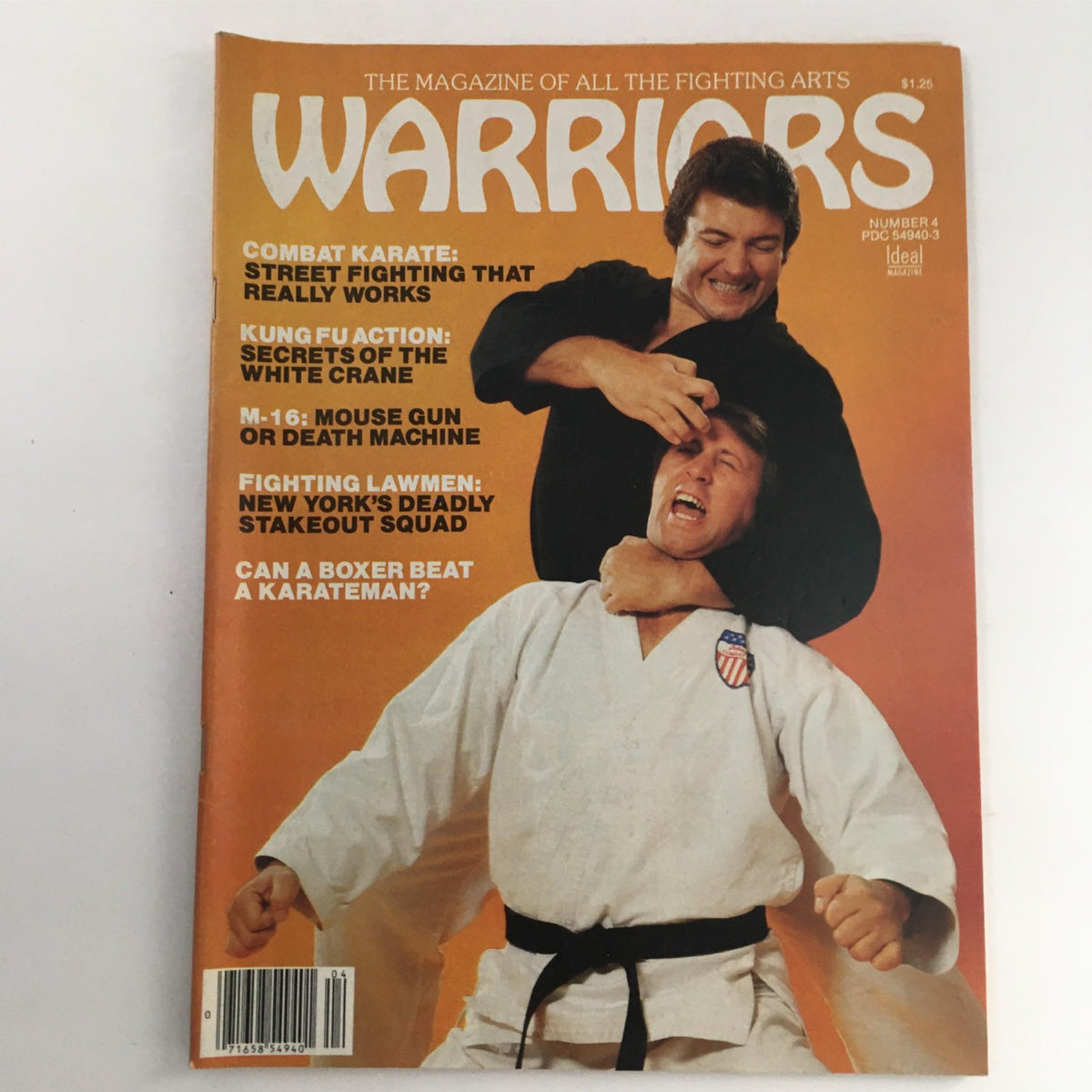 Cover of Warriors Magazine Number 4, March 1980 featuring an intense martial arts scene with John Kuhl demonstrating combat karate techniques. The cover highlights articles on street fighting and kung fu action.
