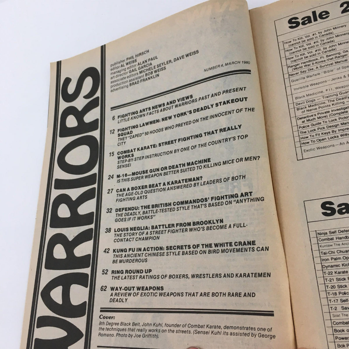 Table of contents from Warriors Magazine Number 4, March 1980, showcasing featured articles such as 'Combat Karate' and 'Kung Fu Action', emphasizing the magazine's focus on fighting arts news and techniques.