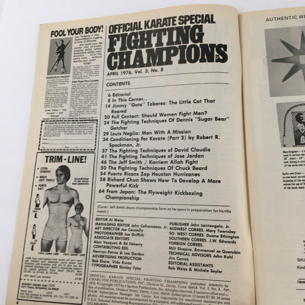 Contents page of Official Karate Special Magazine Fighting Champions April 1976 Vol 3, showcasing articles and features on karate techniques and notable fighters.