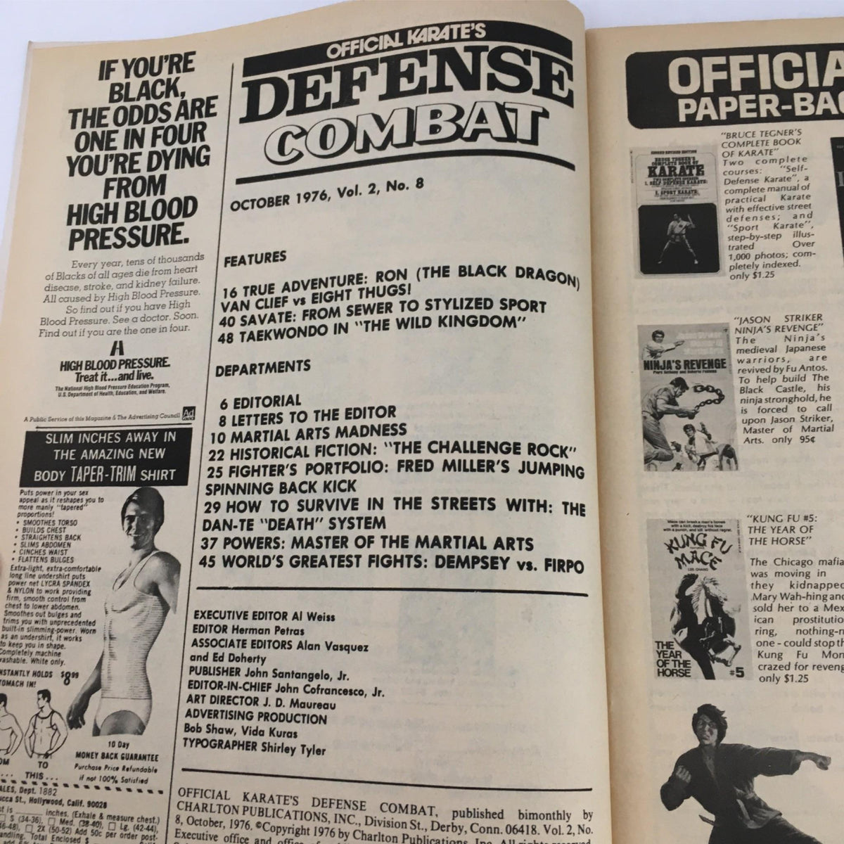 Interior page of Official Karate's Defense Combat Magazine - October 1976 showing features and editorial content related to martial arts and boxing history.