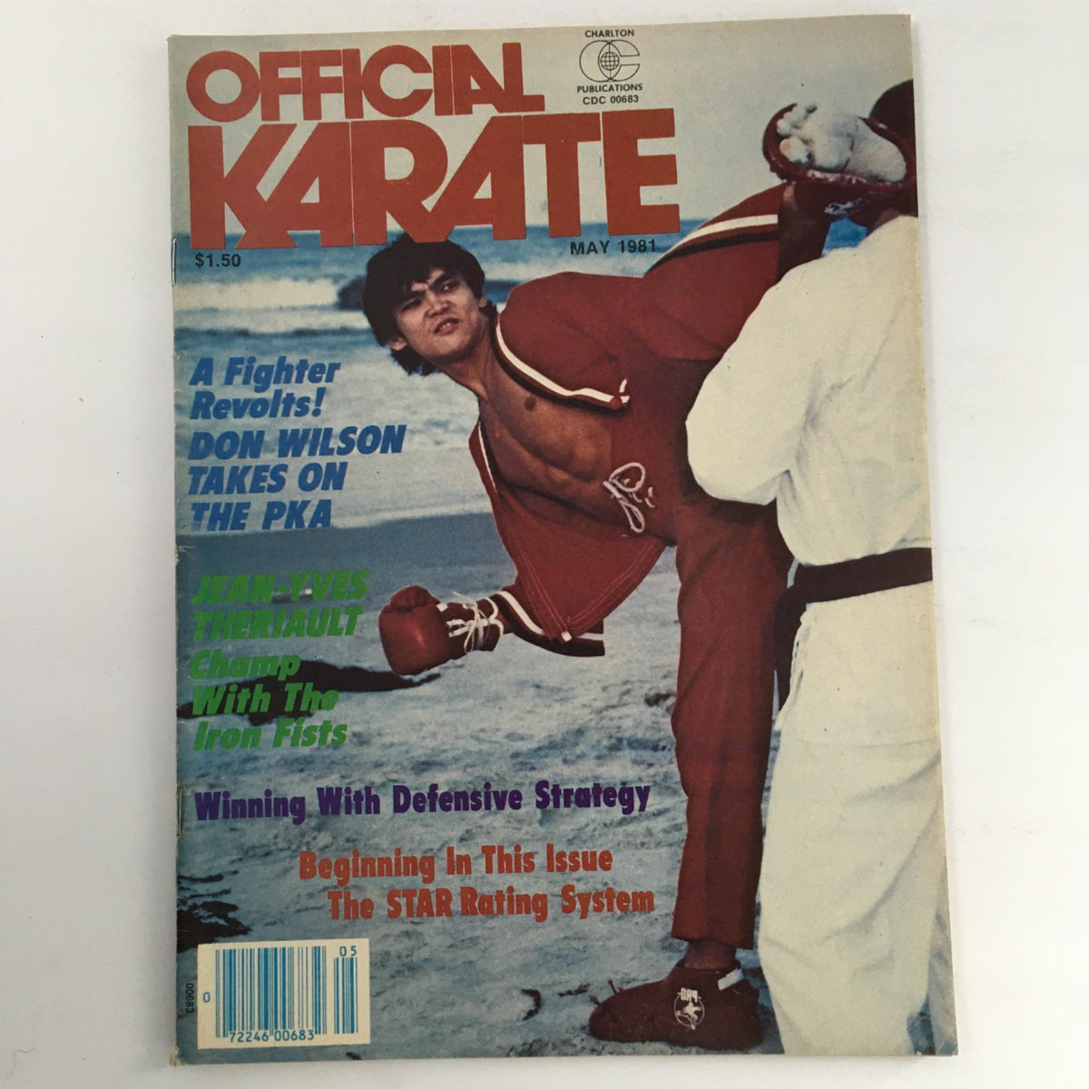 Cover of the Official Karate Magazine May 1981 featuring Don Wilson and Jean-Yves Theriault, showcasing martial arts themes and colorful headlines.