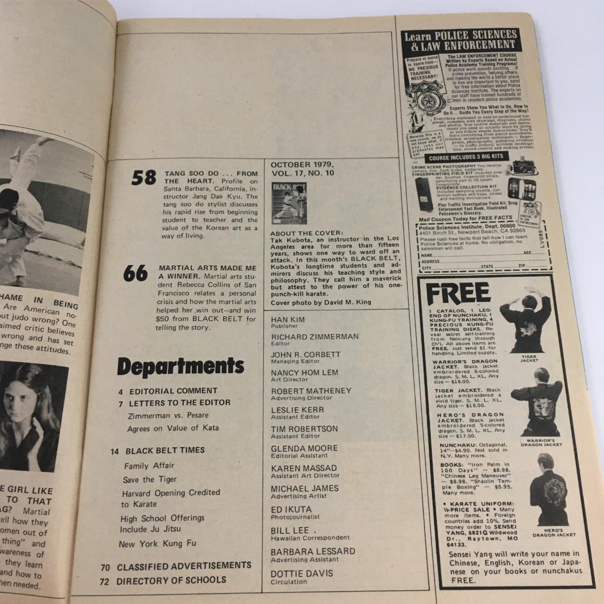 Inside page of the Black Belt Magazine October 1979 featuring articles on martial arts, including a profile on Tak Kubota and the match-up between Zimmerman and Pesare. The layout includes sections titled 'Departments,' 'Black Belt Times,' and promotional content for law enforcement training.