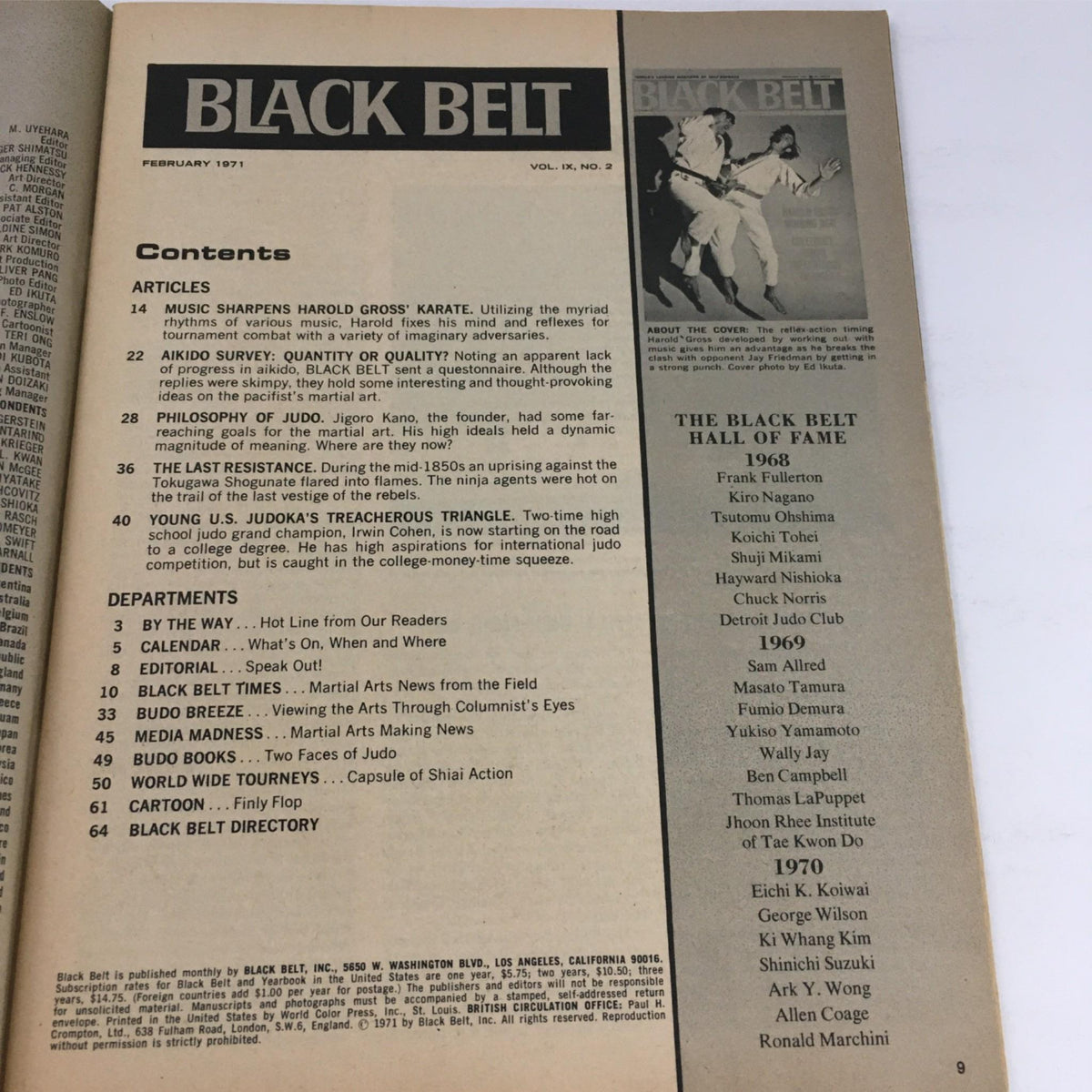 Interior page of Black Belt Magazine from February 1971 featuring articles and content on martial arts, including Harold Gross and Jay Friedman. The page includes sections on notable martial artists and a Hall of Fame listing, showcasing the rich history of martial arts during that era.