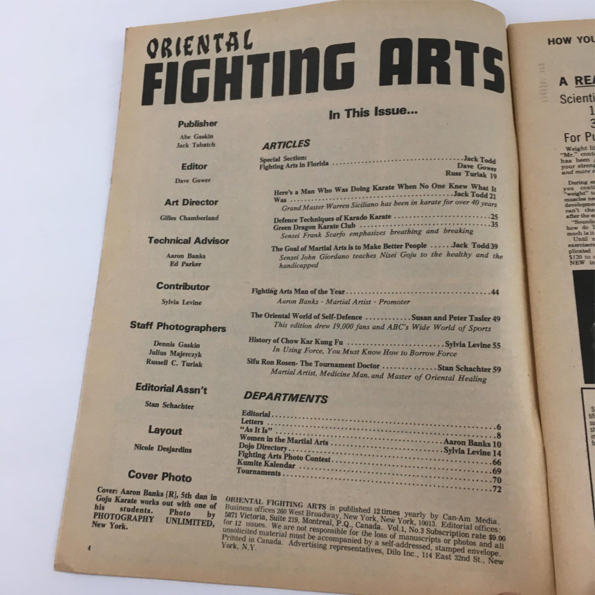 Inside page of Oriental Fighting Arts Magazine Oct-Nov 1974 featuring the table of contents and articles, showcasing Aaron Banks and other martial arts experts from the 1970s.