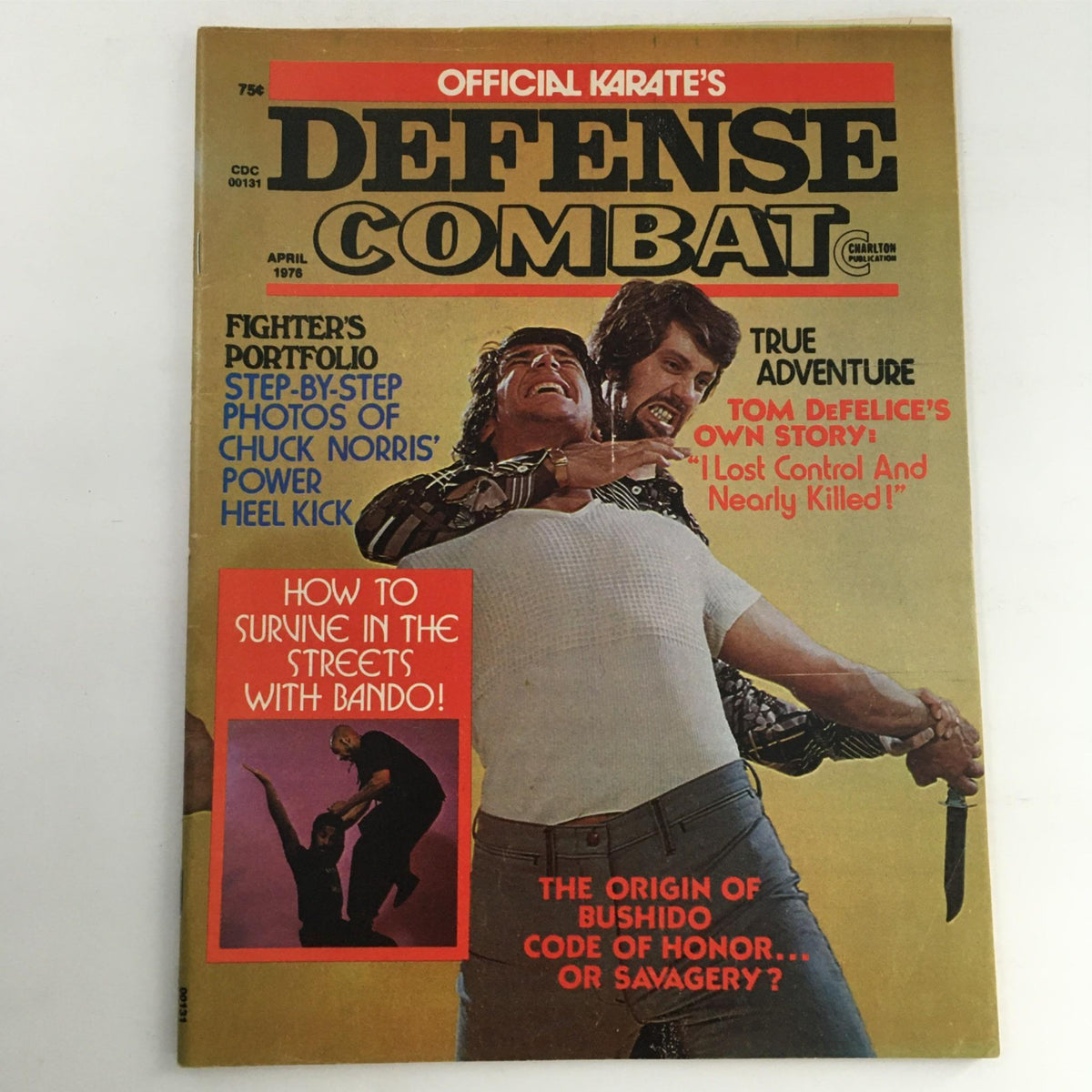 Cover of Official Karate's Defense Combat Magazine, April 1976, featuring articles on martial arts techniques, self-defense, and an adventure story by Tom De Felice, highlighting the magazine's focus on karate culture during the 1970s.