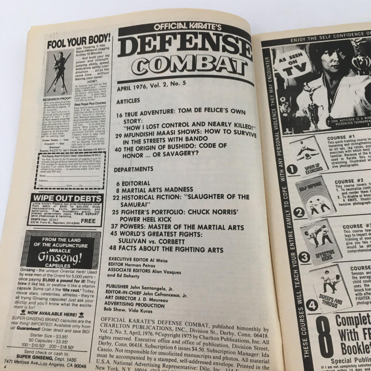 Inside view of Official Karate's Defense Combat Magazine from April 1976, featuring articles and editorial content, including Tom De Felice's story and martial arts techniques.