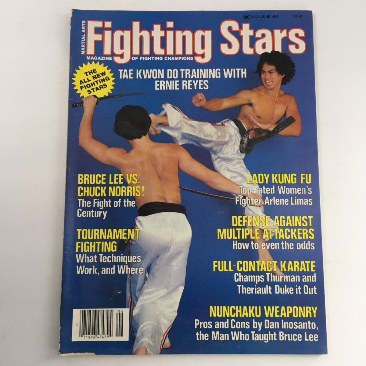 Cover of Martial Arts Fighting Stars Magazine June 1983 featuring Ernie Reyes, Bruce Lee, and articles on martial arts techniques and competitions.