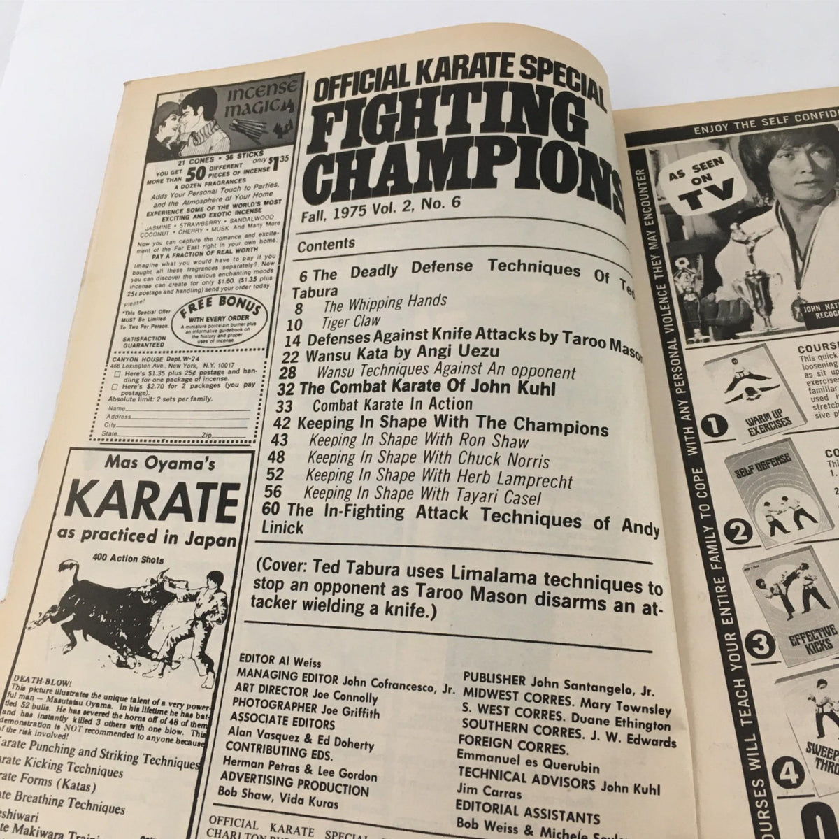 Interior page from Official Karate Special Fighting Champions Magazine Fall 1975 featuring table of contents, articles on martial arts techniques, and images of famous karate practitioners. This issue explores defense techniques such as those by Ted Tabura and includes notable sections on training and competition insights.
