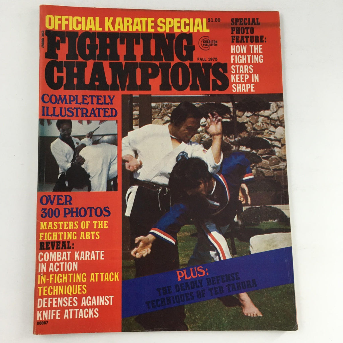 Cover of the Official Karate Special Fighting Champions Magazine Fall 1975 featuring Ted Tabura, showcasing martial arts illustrations and key topics such as combat karate and self-defense techniques.