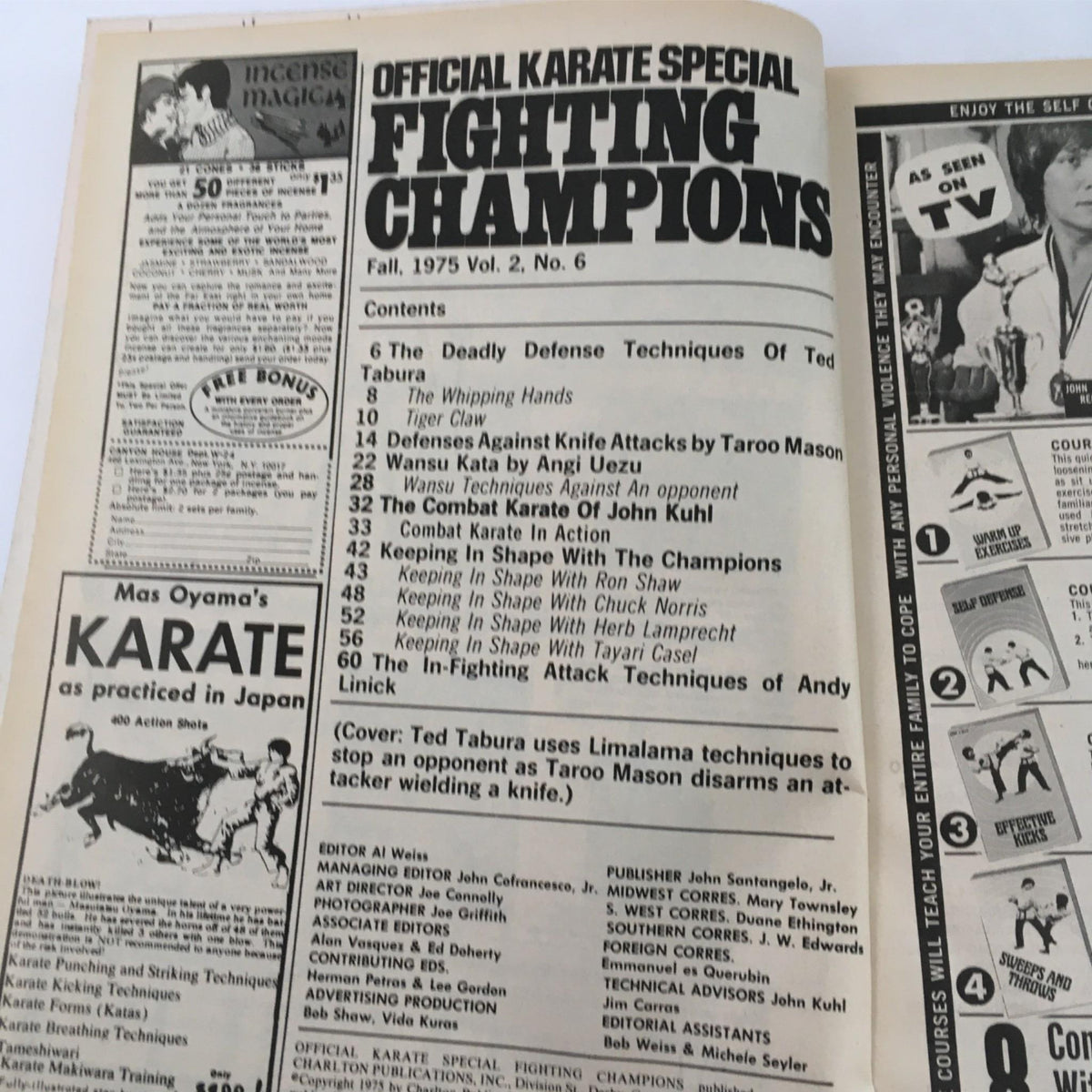 Contents page of the Official Karate Special Fighting Champions Magazine Fall 1975 highlighting articles on Ted Tabura's defense techniques and various karate training topics, reflecting the magazine's focus on martial arts education.