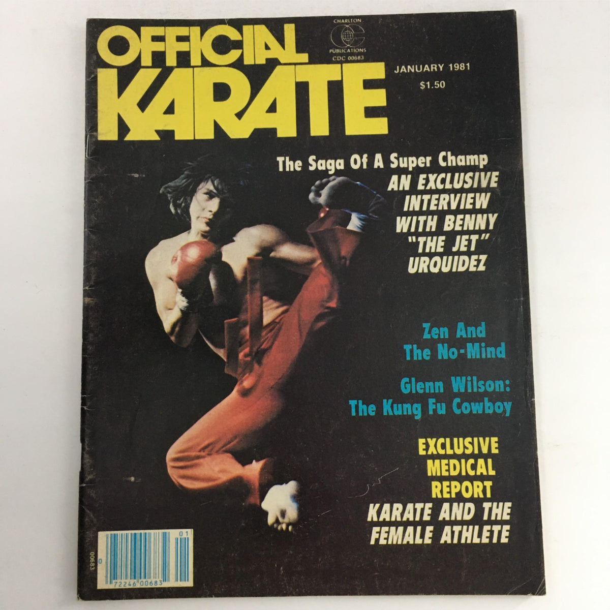 Cover of Official Karate Magazine January 1981 featuring Benny Urquidez in a dynamic martial arts pose, highlighting an exclusive interview with him and articles on Glenn Wilson and karate techniques.