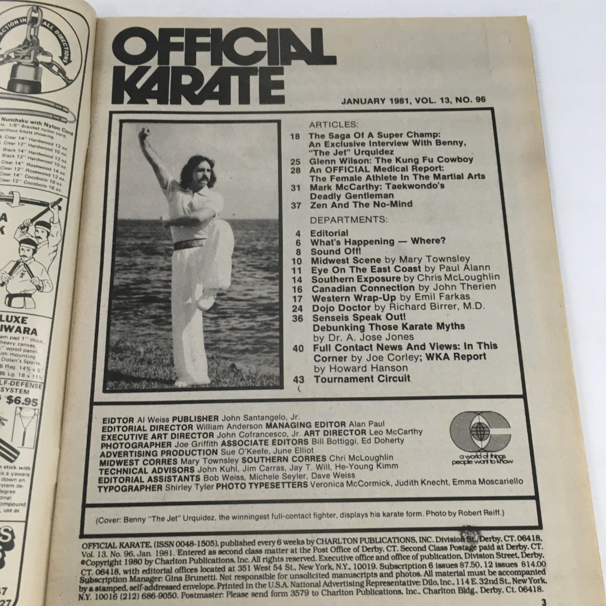 Inside page of Official Karate Magazine January 1981 showcasing the table of contents, with articles including an interview with Benny Urquidez and features on karate's evolution and training.