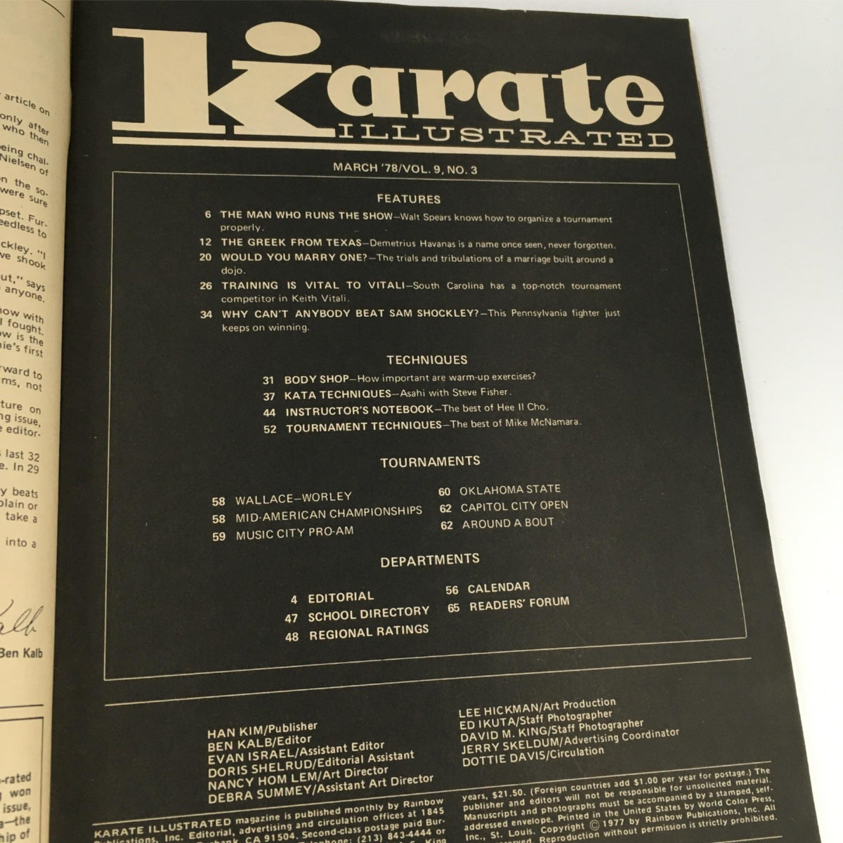 Table of contents from Karate Illustrated Magazine March 1978, highlighting featured articles and techniques in the martial arts.