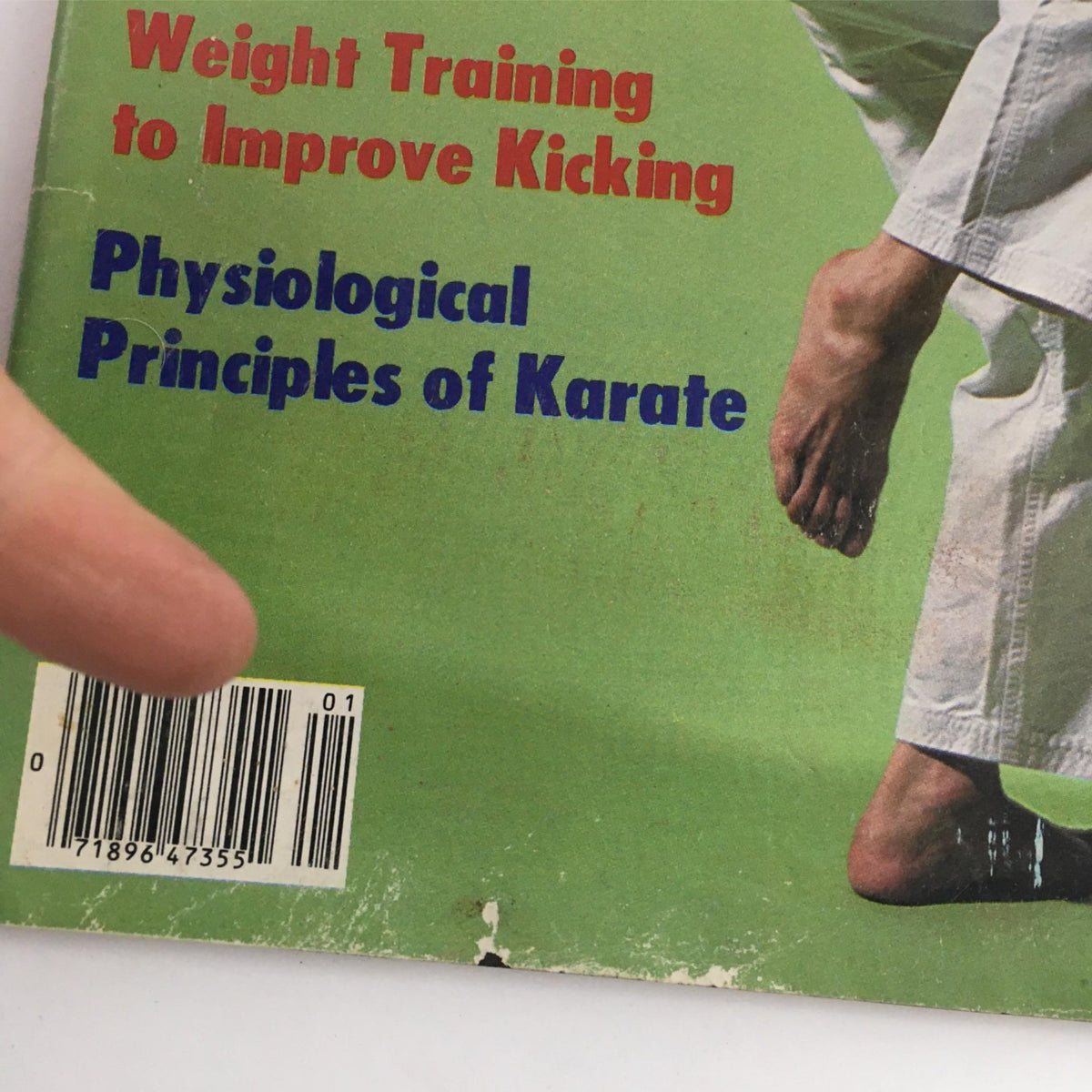 Detailed view of the Karate Illustrated Magazine January 1980 cover, emphasizing sections on weight training and physiological principles of karate.