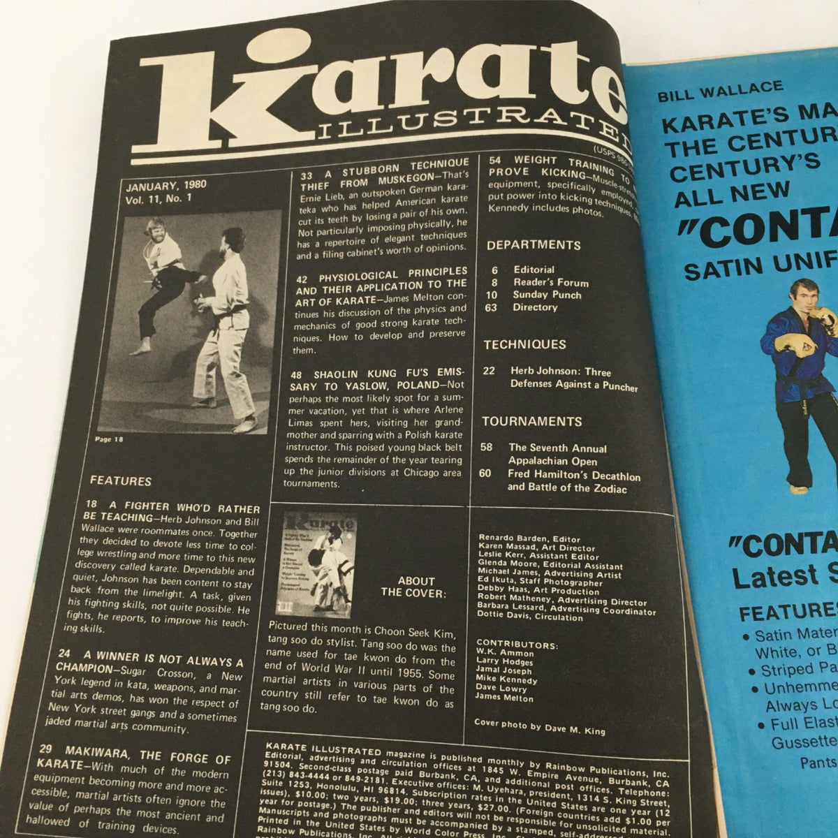Interior page of Karate Illustrated Magazine January 1980 detailing the features and techniques, including a peek at the article about Choon Seek Kim.