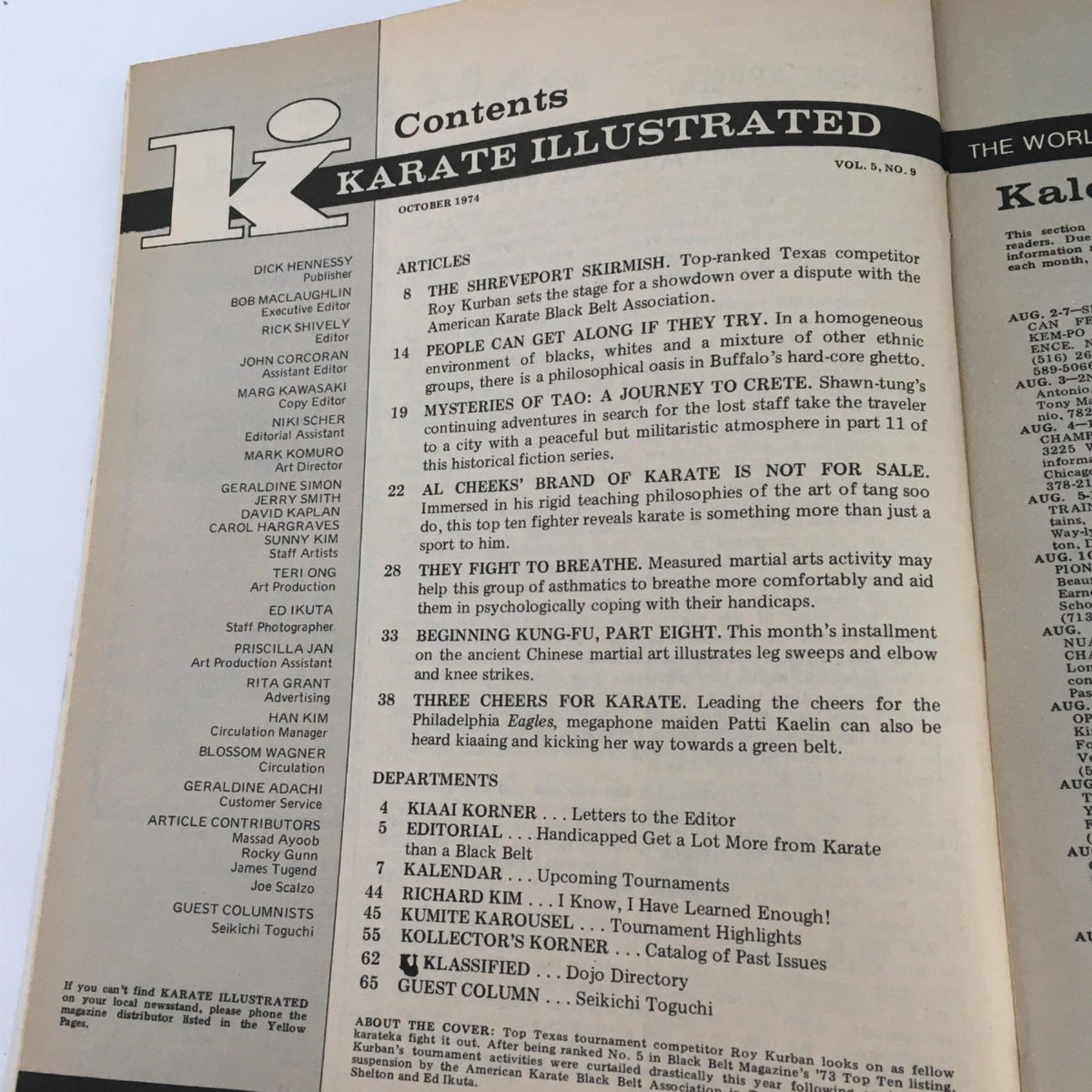 Contents page of Karate Illustrated Magazine October 1974, detailing articles on karate techniques and philosophies, including contributions by Roy Kurban and Patti Kaelin.