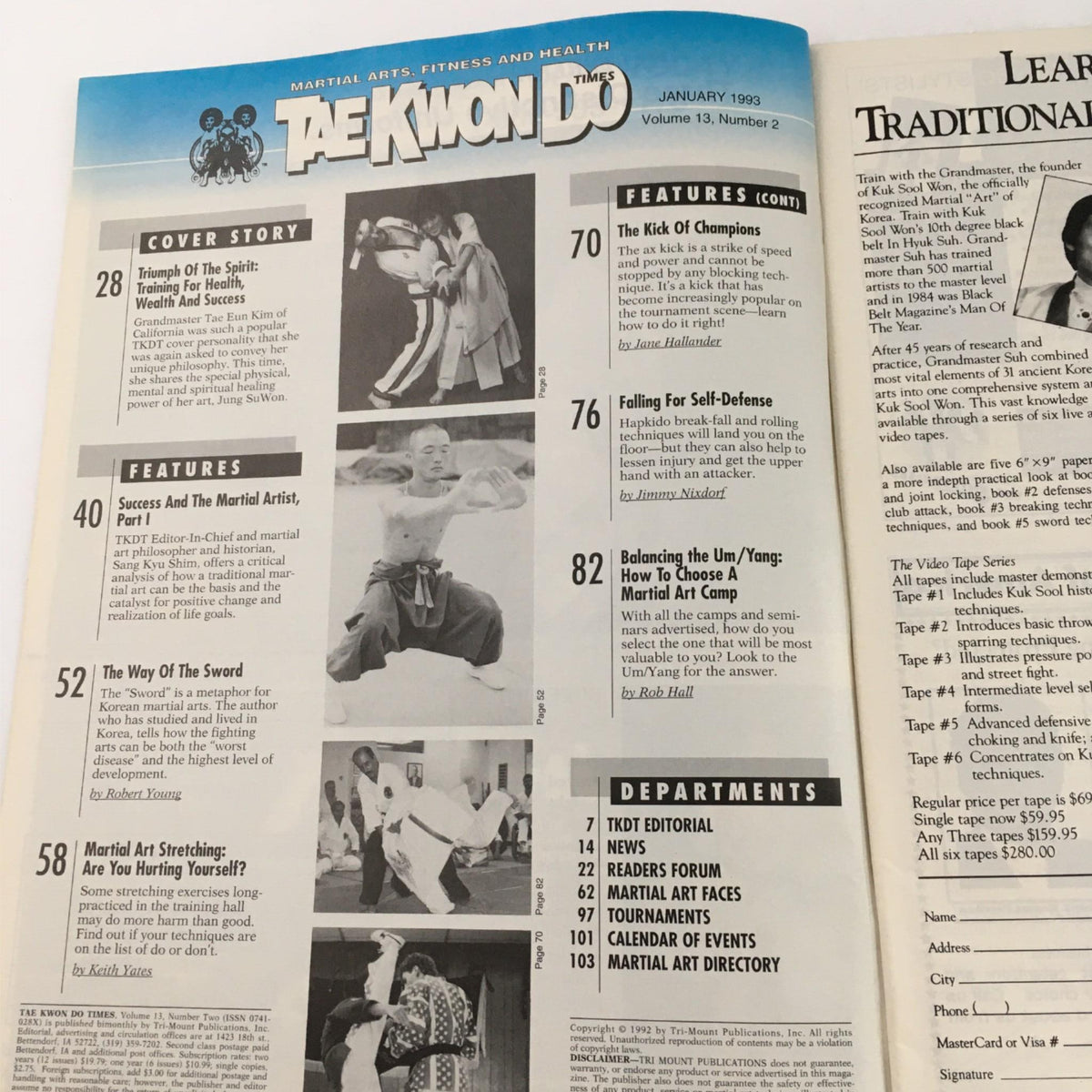 Interior page of Tae Kwon Do Times Magazine January 1993 highlighting various features including martial arts techniques, articles on self-defense, and training tips.