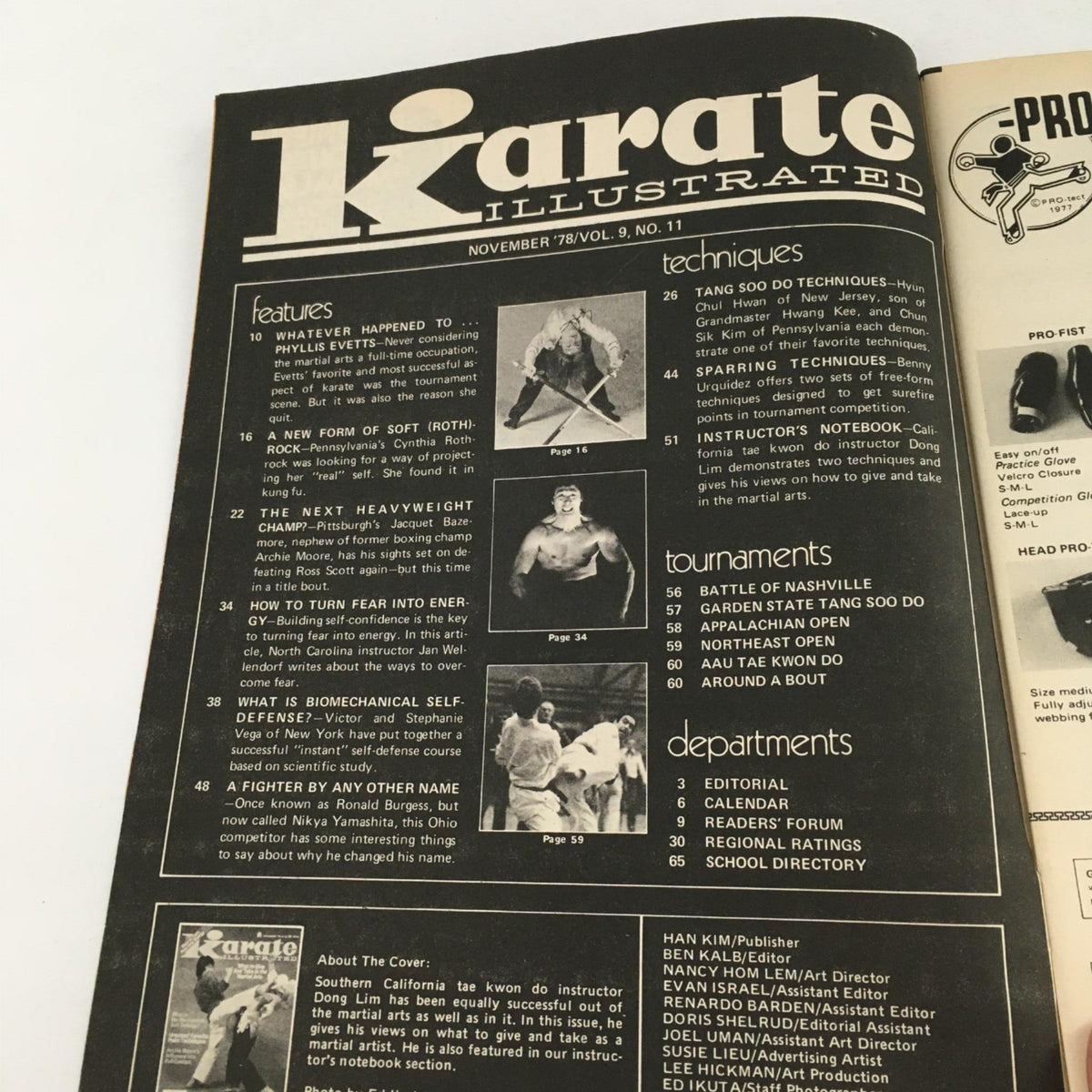 Interior page of the Karate Illustrated Magazine November 1978 featuring contents and articles, including techniques and tournaments, spotlighting Cynthia Rothrock in its features.