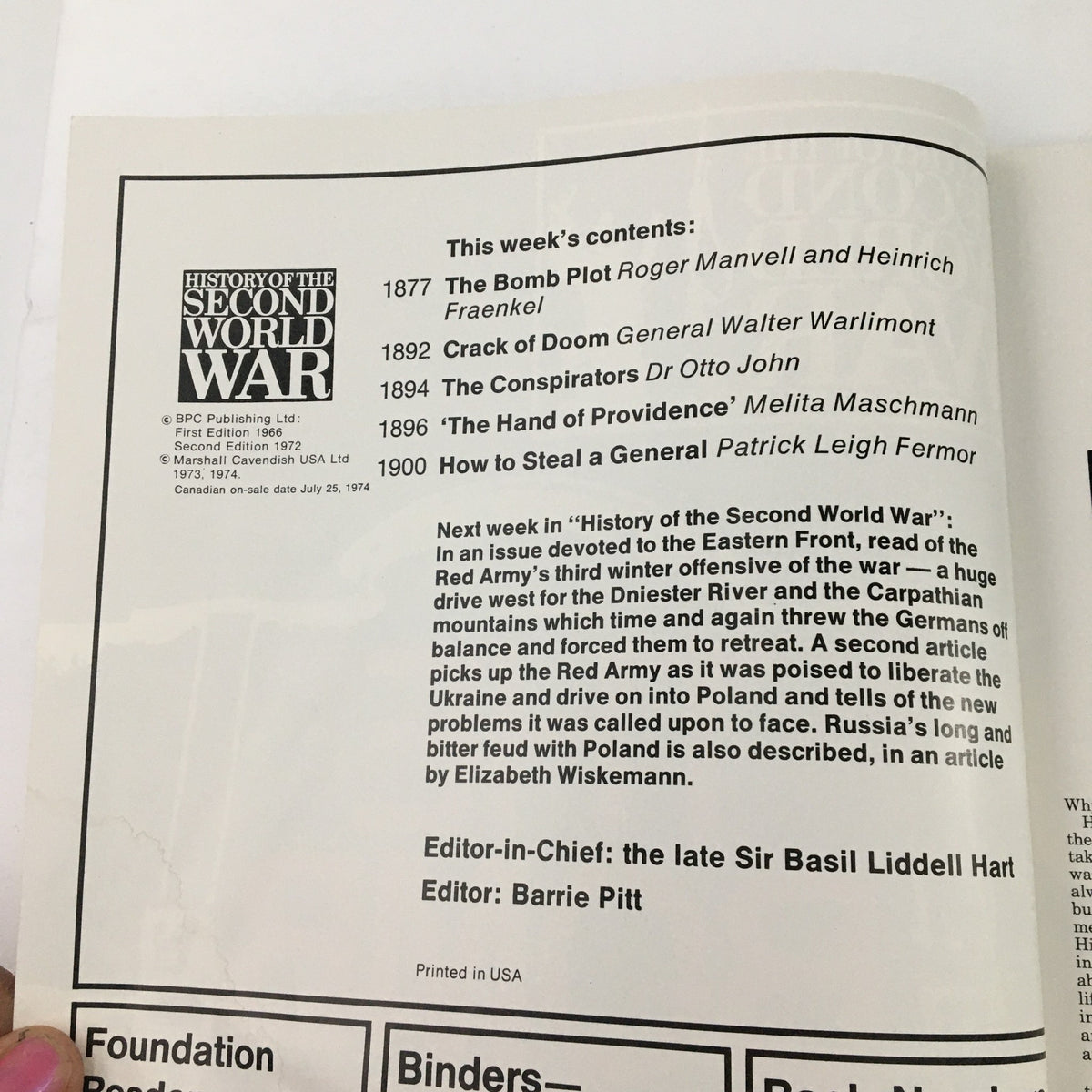 Inside page of 'History of the Second World War Part 68 1974 The Bomb Plot & The Conspirators', listing article contents including 'The Bomb Plot', 'The Conspirators', and more, highlighting significant military history topics.